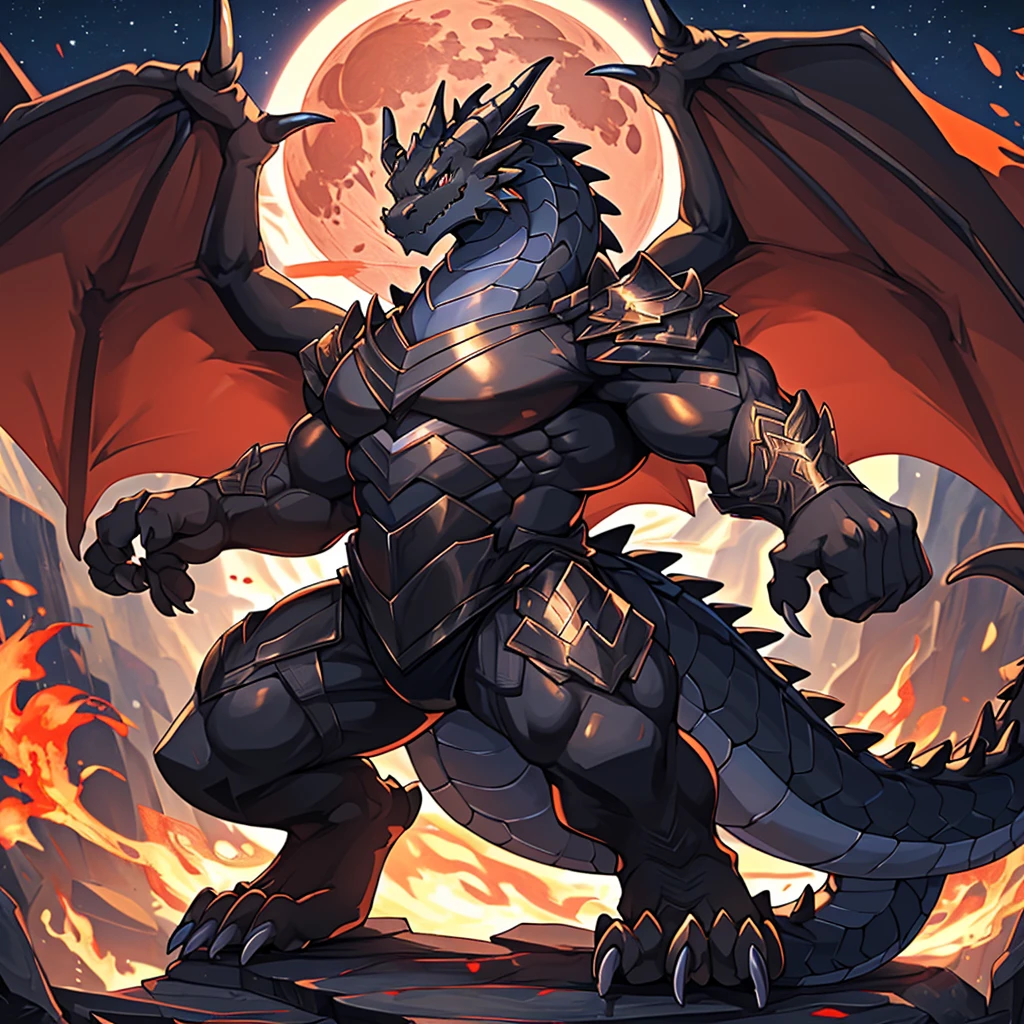 (The violent and powerful Black Dragon King,Wearing modern black and gold armor:100),(Broad dragon body,majestic wingspan,Sharp dragon claws,thick dragon tail,The huge black dragon king,Huge dragon claws:2),Strong build,(blue dragon flame:2),blood moon,Mounts,full body picture,Very detailed,4K HD