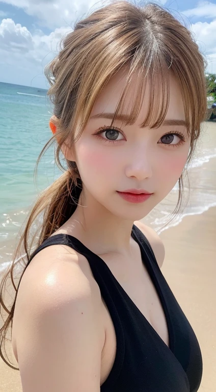 whole body, highest quality, figure, super detailed, finely, High resolution, 8k wallpaper, 完璧なダイナミックな構figure, beautiful and fine eyes,She's a Gal,,blonde, random cute hairstyles, natural color lip,beach, random cute poses,heavy makeup