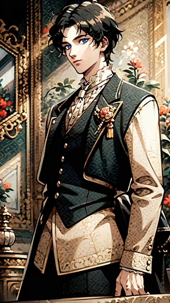 artstudt, (official art, extremely detailed CG unity 8k wallpaper),(1man:1.3),beautifully detailed eyes, detailed fine nose, detailed fingers, (8k), (best quality), ( masterpiece:1.2), extremely detailed, black hair,
1 prince, handsome, rococo style, vest, tie, white and black color, flowers, suits, ghile