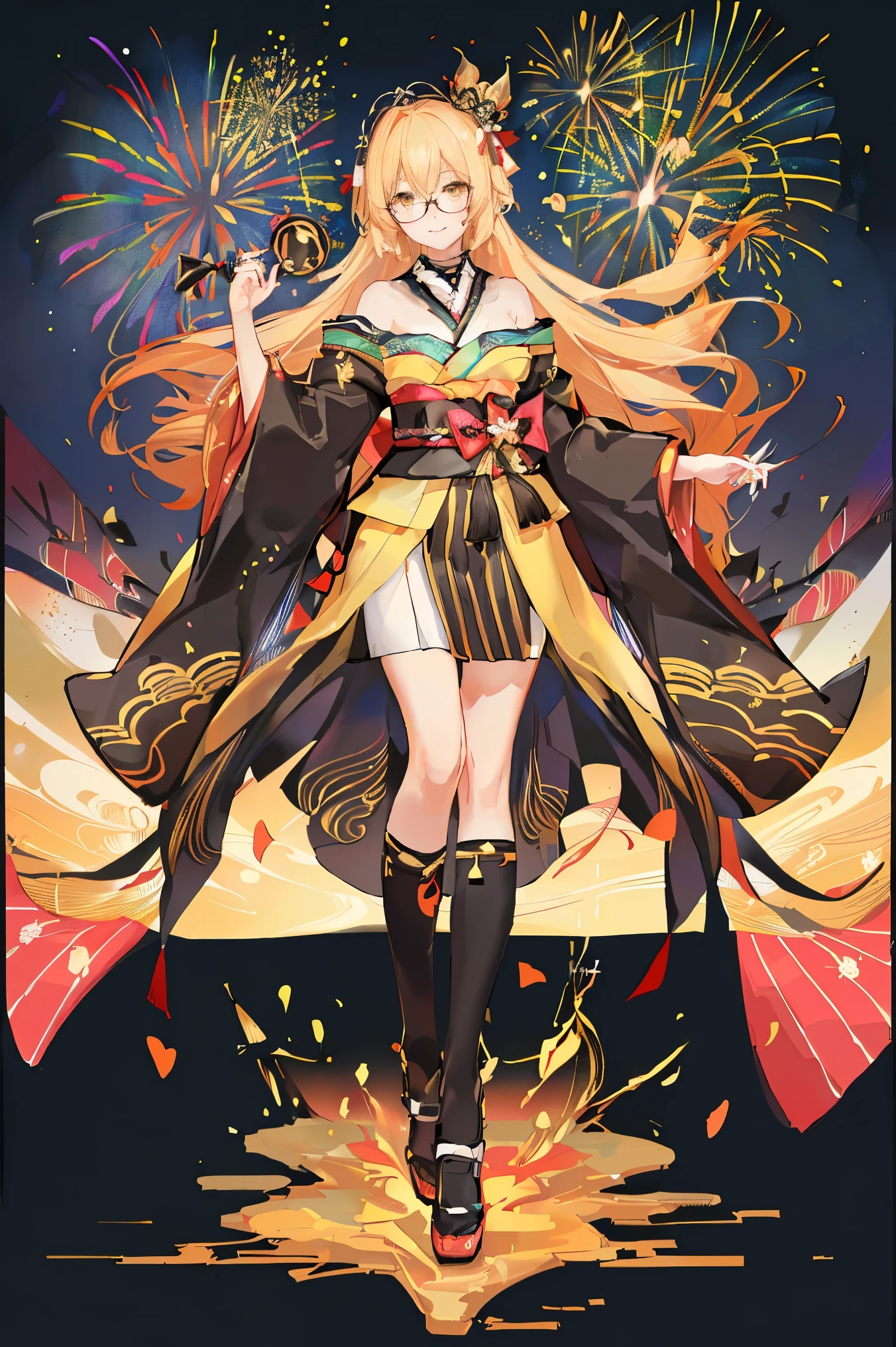 "anime girl, 1 person, bright blonde hair, yellow eyes, glasses, crown on head, female kimono, yellow kimono with black trim with intricate patterns, big breasts, long stockings, standing cross-legged, angle  view from different directions, solo,  smiled gently, blushing, festival, night, New Year's Eve fireworks, watching fireworks (full HD 4K+ image)"