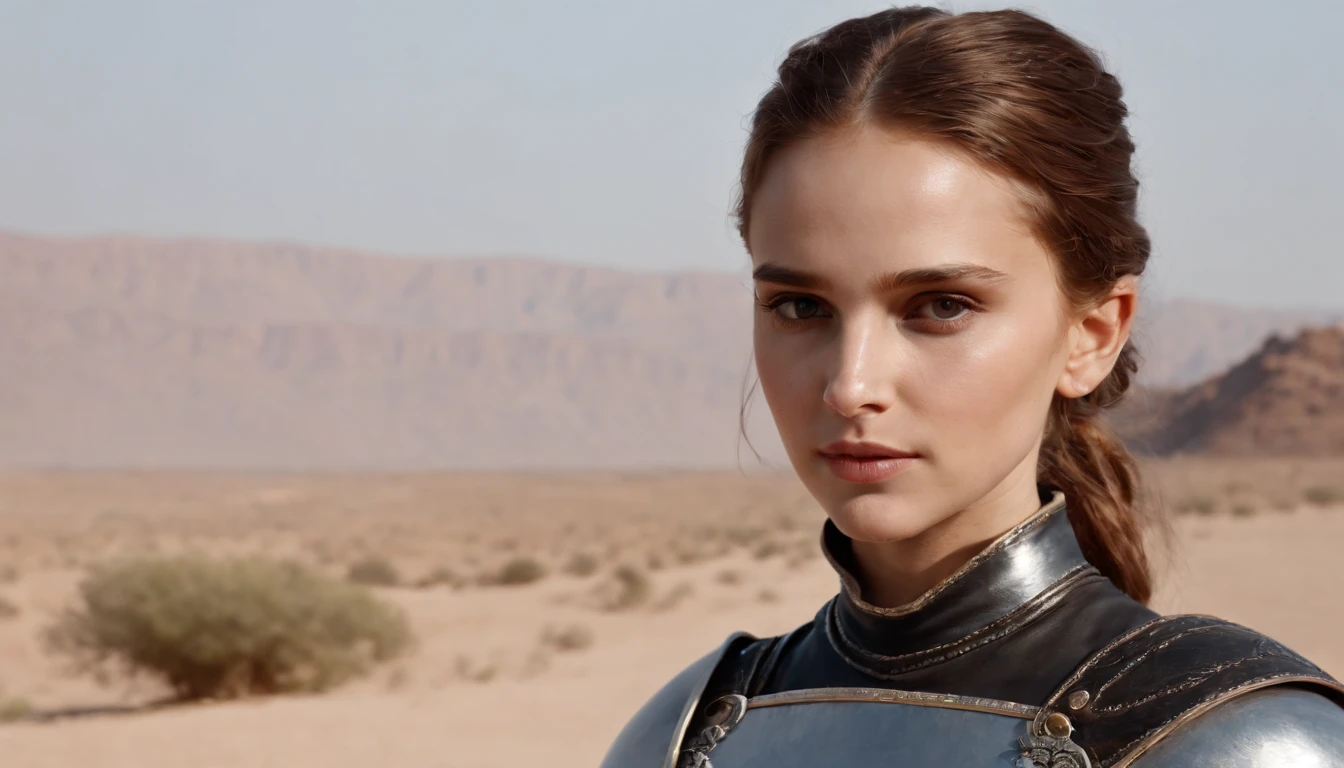 one girl, Beautiful 13 year old girl, redhead ponytail girl, A girl standing in leather armor, Desert background, A female knight is standing, Beautiful girl with a spear in her hand, hair moving in the wind, photorealism, sharp focus, Realistic facial skin, heavy atmosphere, beautiful face, perfect face, erotic face, Medieval knight, 14 year old beautiful girl, hazel eyes natalie portman, full body photo, Beautiful girl wearing leather sandals, Beautiful girl raw photo, full body, hyper quality, highly detailed, Unreal Engine, Octane Render, Realistic, Photorealism, 16k, 4k, Cinematic,