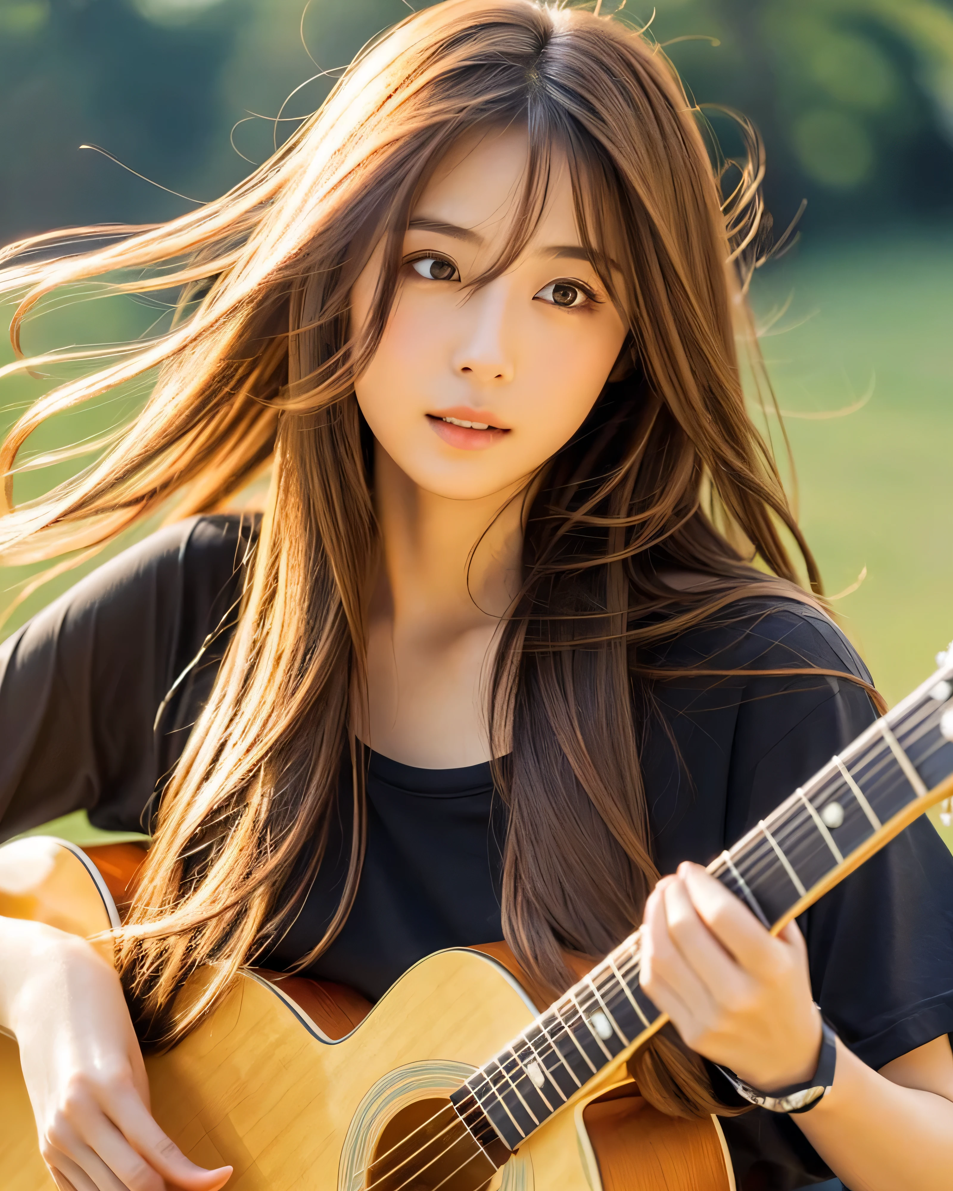 beautiful japanese woman　big magic eyes　delicate and intricate brown hair　long hair　hair blowing in the wind　smooth soft skin　attractive lips　playing the guitar　black t-shirt　skirt　