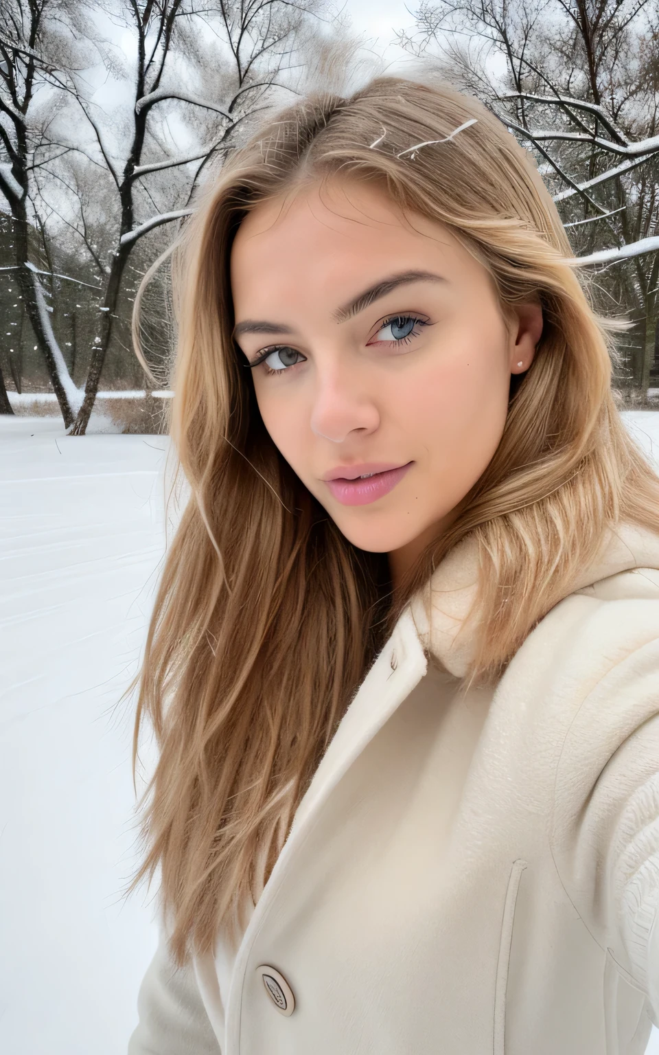 photorealistic, best quality, hyper detailed, beautiful woman with natural blonde hair, selfie photo, front view, solo, , outdoors, (daytime), snowy field, falling snow, bare trees, (sexy), skin texture with perky 30G, film grain, close up, ultra high res, best shadow, RAW, instagram LUT.