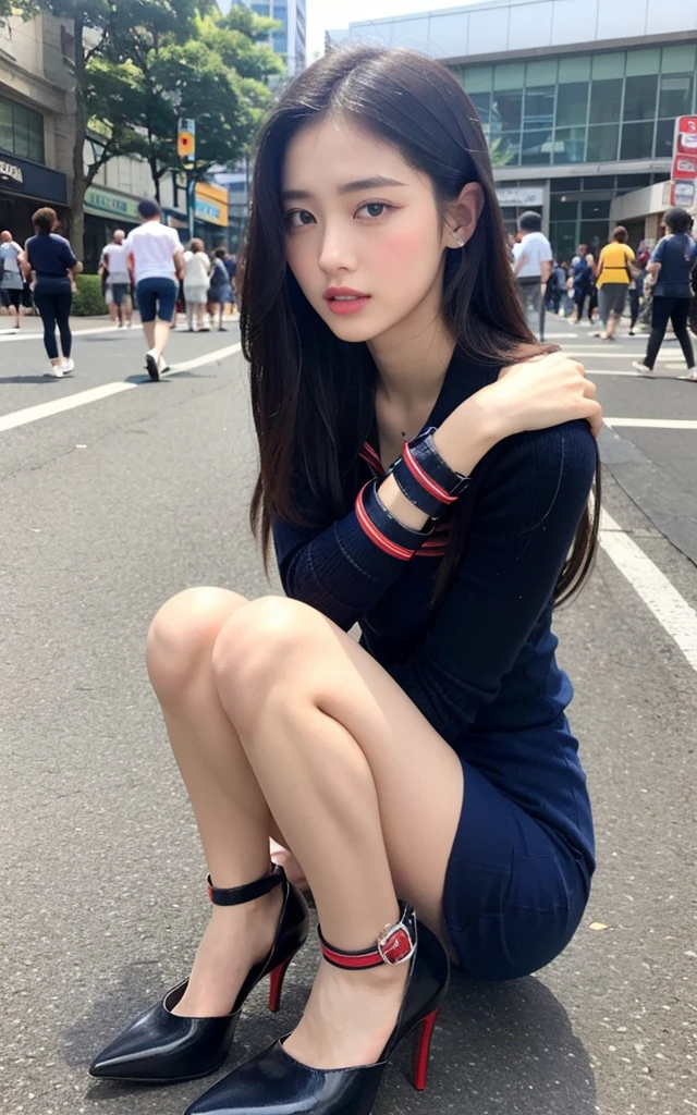 Highly detailed CG Unity 8K wallpaper, highest quality, Super detailed, masterpiece, realistic, photo realistic, Very knowledgeable cute girl, girls,13 years old, round eyes, viewer, blush, parted lips, full body shot ,
Navy blue sailor suit with red lines ,((Bright red stiletto heel strap pumps)), Intersection in Shibuya, sitting on the ground
