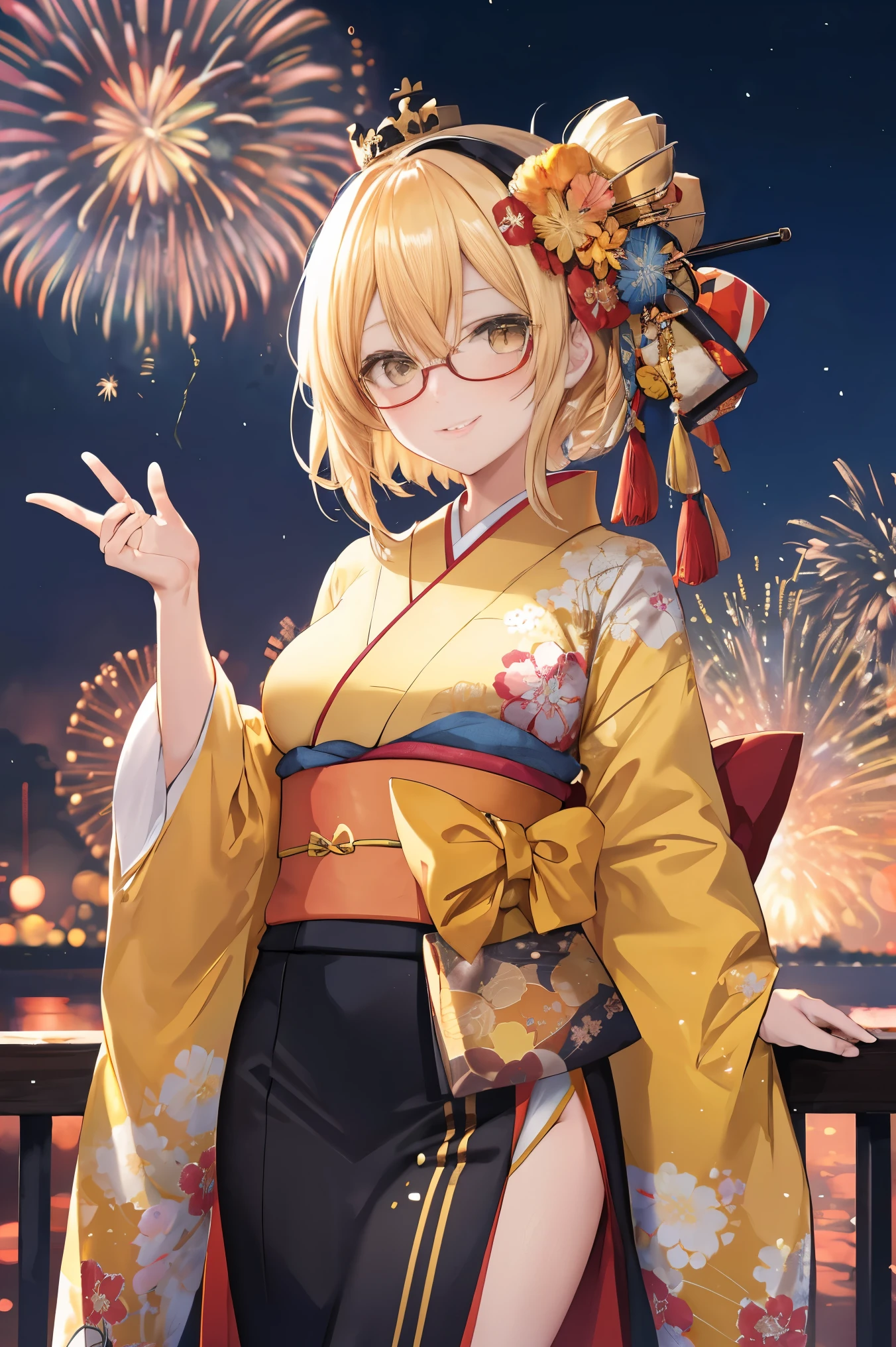 "anime girl, 1 person, bright blonde hair, yellow eyes, glasses, crown on head, female kimono, yellow kimono with black trim with intricate patterns, big breasts, long stockings, standing cross-legged, angle  view from different directions, solo,  smiled gently, blushing, festival, night, New Year's Eve fireworks, watching fireworks (full HD 4K+ image)"