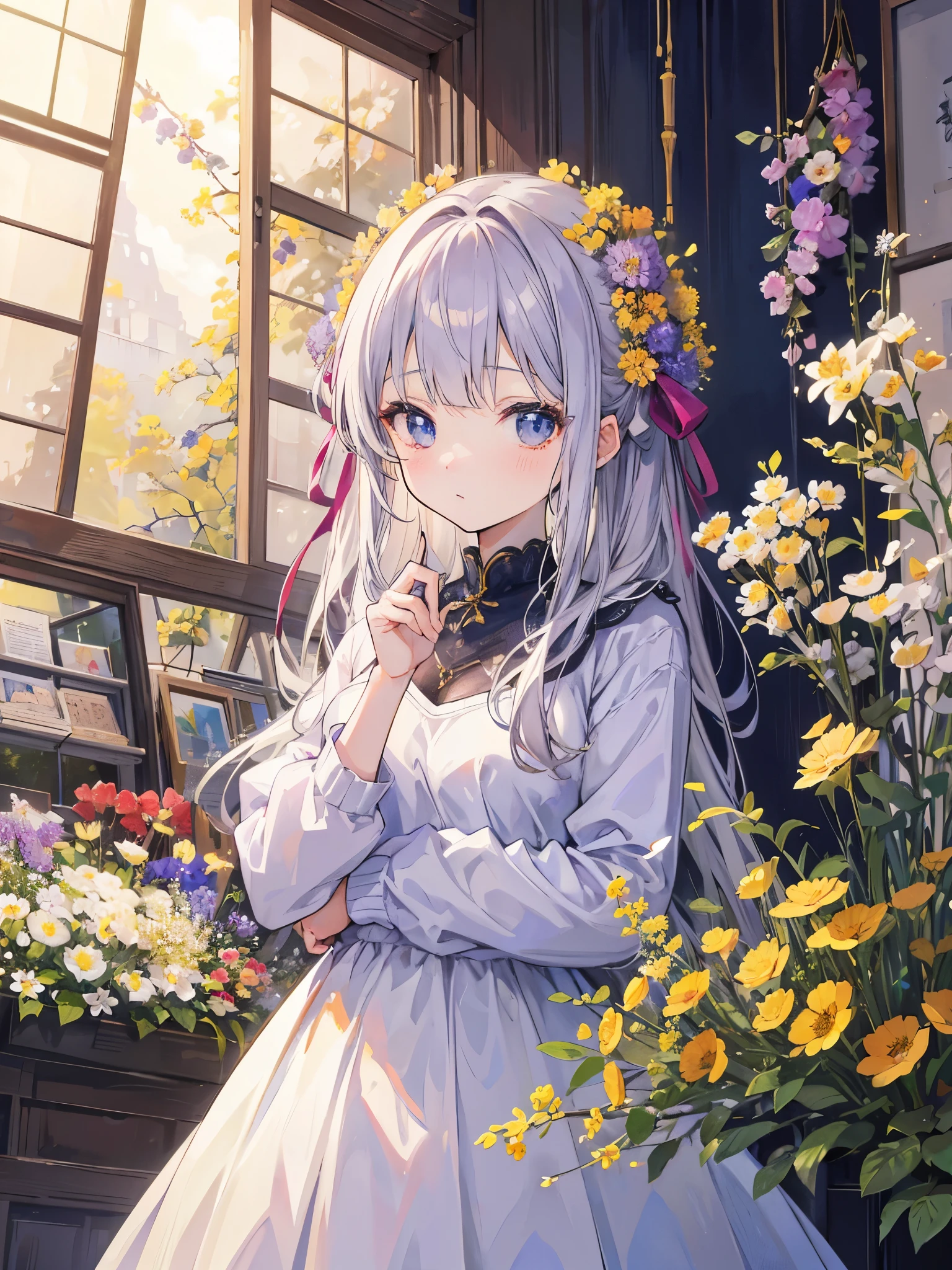 anime illustration high quality、masterpiece、sweater、dried flowerの迷路を探検する美しい女性、13 years old、dried flower
