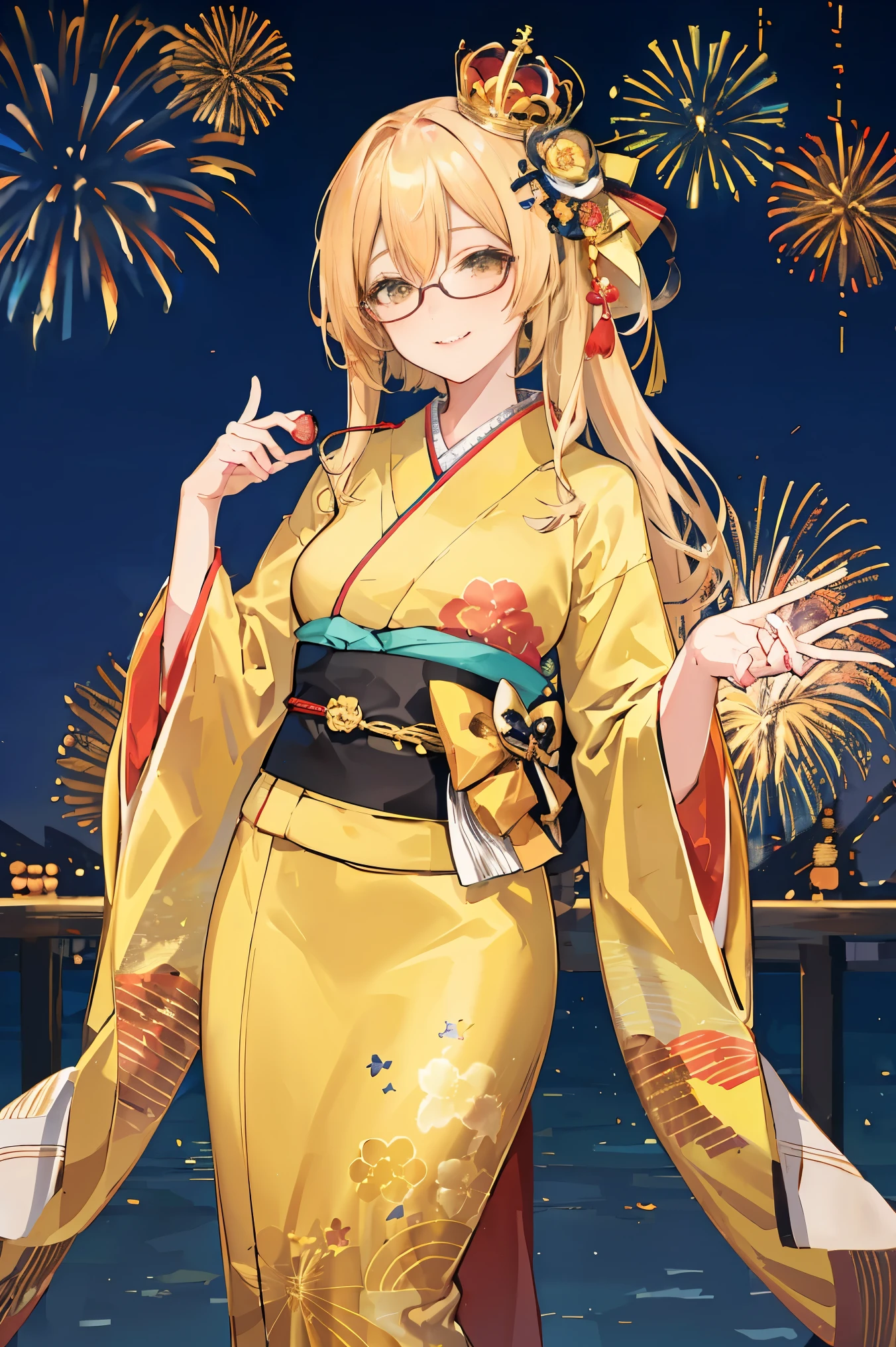 "anime girl, 1 person, bright blonde hair, yellow eyes, glasses, crown on head, female kimono, yellow kimono with black trim with intricate patterns, big breasts, long stockings, standing cross-legged, angle  view from different directions, solo,  smiled gently, blushing, festival, night, New Year's Eve fireworks, watching fireworks (full HD 4K+ image)"