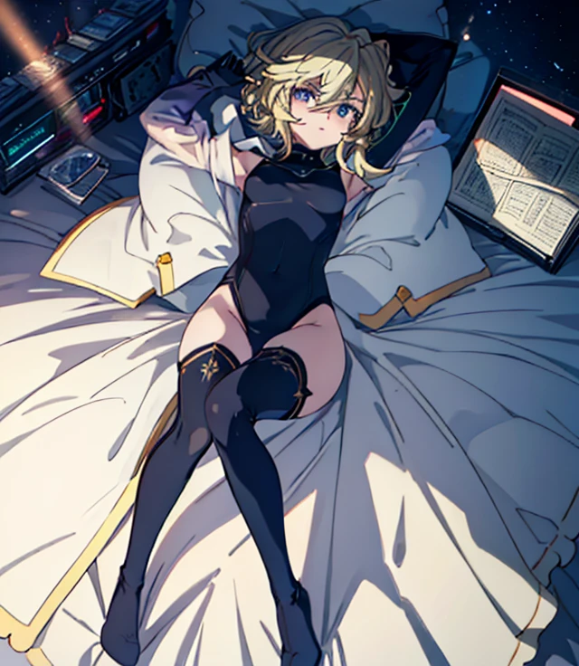 highest quality,sleep on your back in bed，Crab crotch，show me your boots，thigh high boots，leotardチラ見せ，glove，elegant, 1 girl, leotard，body suit，cute, blushed, looking at the viewer, from below, prison，blue eyes, beautiful eyes, beautiful background, particles of light, Light of the sun, dramatic lighting, outside, shiny, realistic, table top, highest quality, Super detailed, get used to it, scenery, beautiful and detailed eyes, thin hair，full body shot，