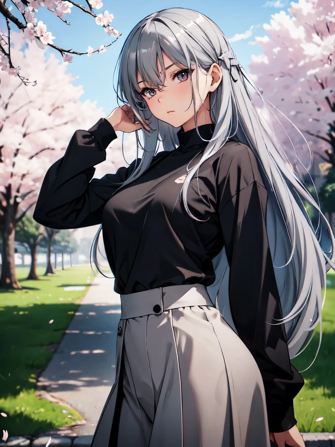 gray hair, long hair, wearing plain black shirt, long skirt, cherry blossom trees in background, absurdres, high res, ultrasharp, 8K, masterpiece, mature, detailed, sharp detailed black eyes, height = 165cm, medium breast 