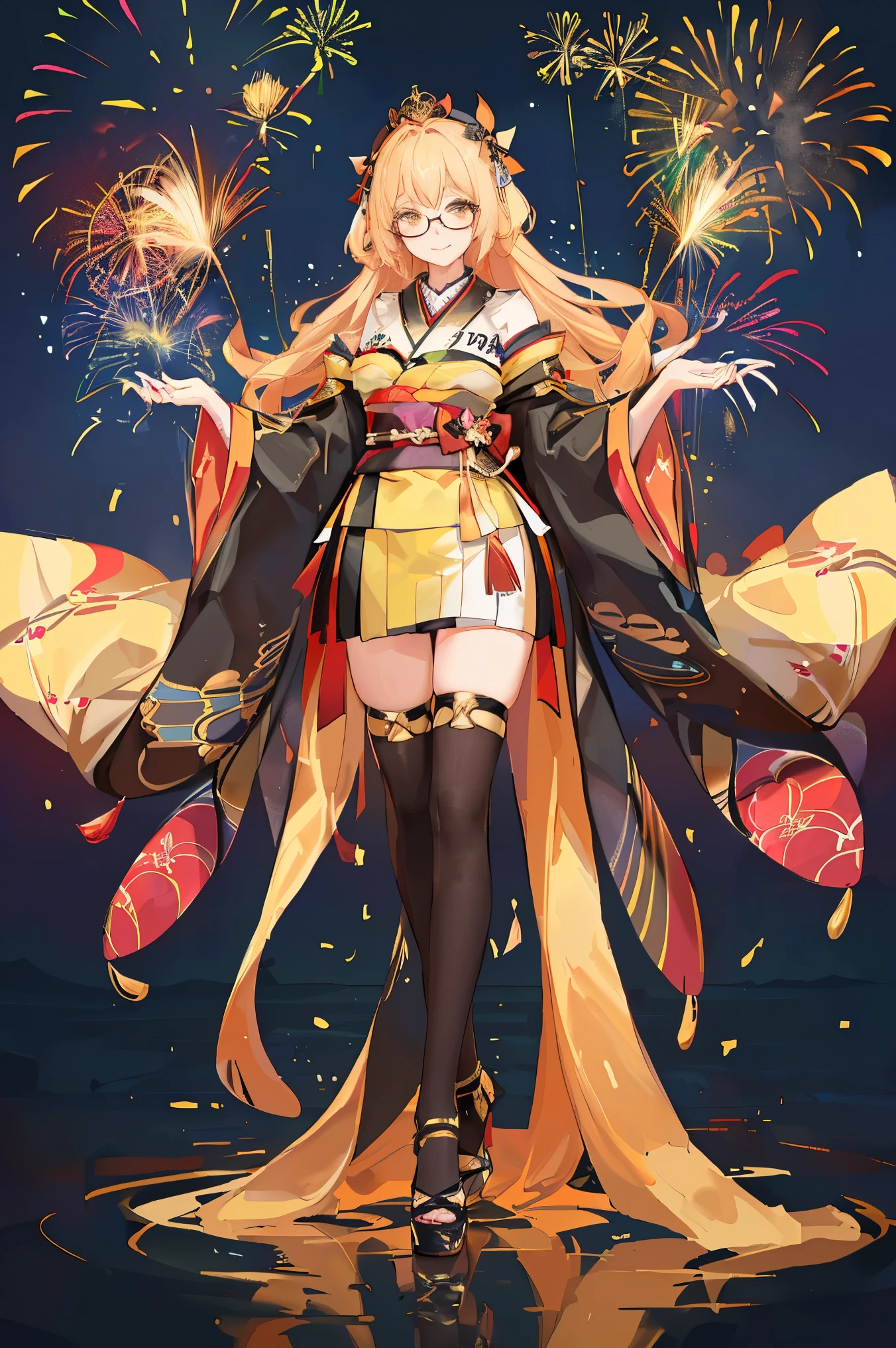 "anime girl, 1 person, bright blonde hair, yellow eyes, glasses, crown on head, female kimono, yellow kimono with black trim with intricate patterns, big breasts, long stockings, standing cross-legged, angle  view from different directions, solo,  smiled gently, blushing, festival, night, New Year's Eve fireworks, watching fireworks (full HD 4K+ image)"