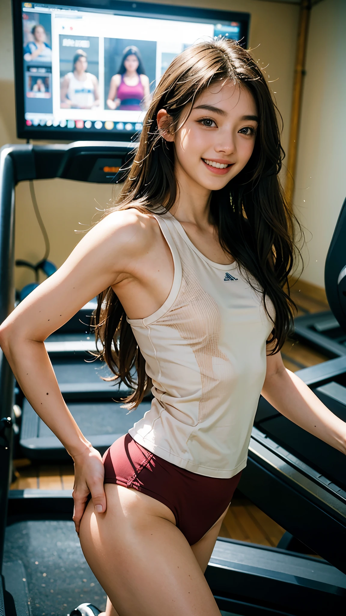 highest quality, masterpiece, ultra high resolution, (realistic:1.4), (close portrait) Raw photo, 1 girl, 22 years old,(((sports gym))),((treadmills)),((running with flowing hair)),((smile)),smiling showing teeth、muscular,masterpiece, realistic pictures, japanese pictures, fuji negative film, saturation, contrast, Pocari Sweat Advertisement ((small breasts)),long hair,brown hair,