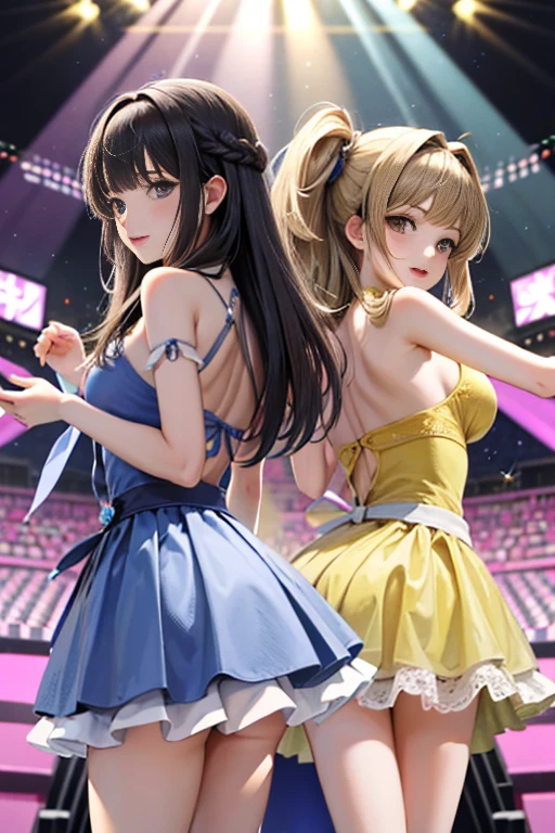 (masterpiece, highest quality:1.3) 
three girls,  Bursting smile、twilight, A large live venue with a dynamic atmosphere、無数のpsyllium、A gorgeous stage in the back、Back view of three idols dancing on stage、swaying hair、blue idol dress、less exposure、blonde loose hair、Black hair bangs patsunhime cut、dark brown semi-long hair、psyllium、stage of light、real、ta