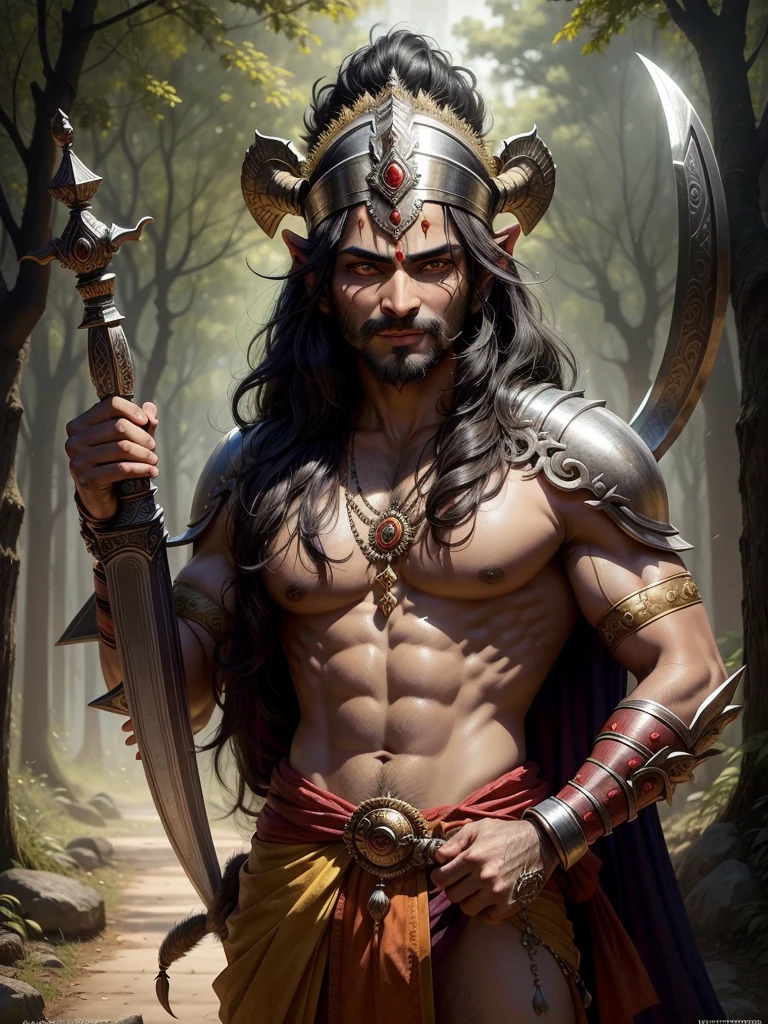 masterpiece, ((Legend, warrior, monster slayer The Lord Rama)), divine face, wearing hindu culture saffron, deep forest, god smile , black hair, weapon in hand.