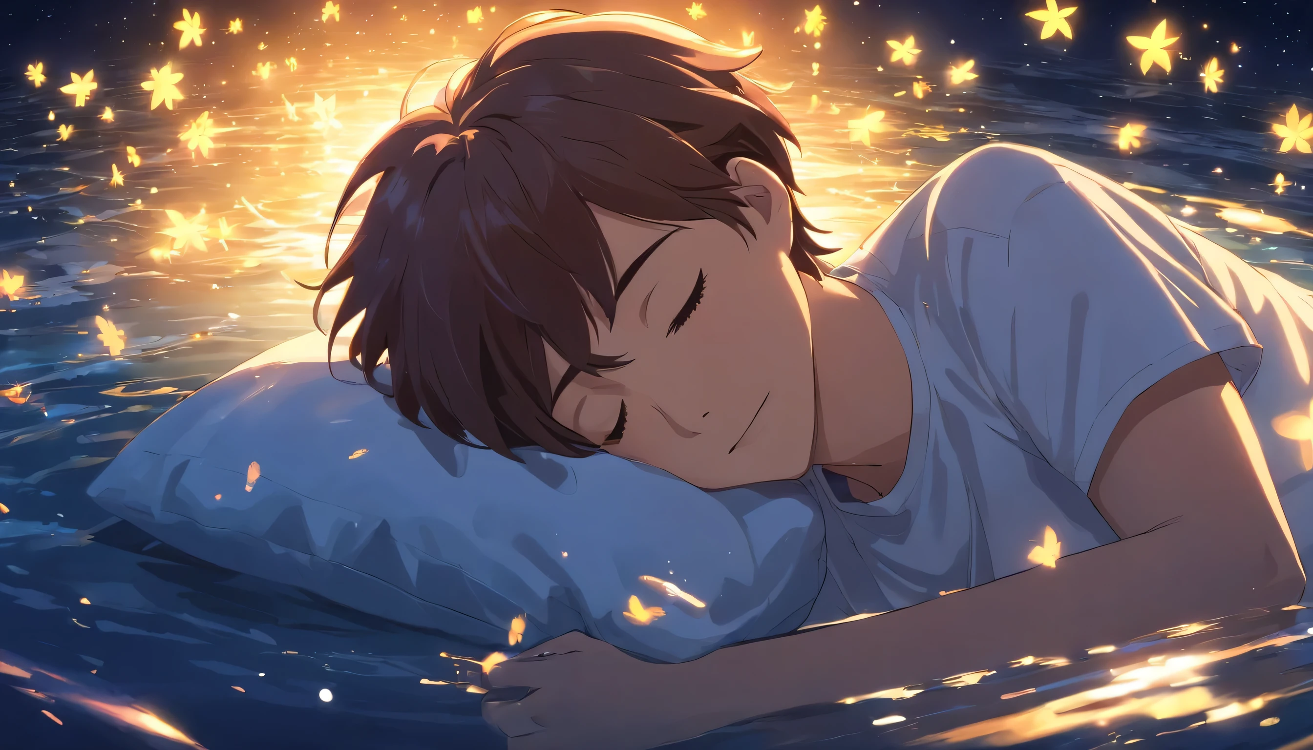 Sleeping on the water, Handsome man in white T-shirt, Eyes closed, Short-haired, Smiling, night, shooting stars, fireflies