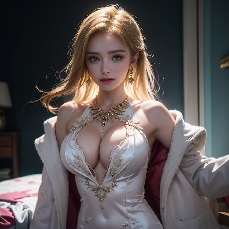 masterpiece,Highest image quality,Super details,best quality ,extremely delicate and beautiful, Very detailed,best quality, official art, Extremely detailed CG unified 8k wallpaper, Ana de Armas portrait photo, Blonde hair with black pupils,shiny skin, (beautiful eyes:1.1), beautiful skin, big watery eyes,(detailed lighting:1.2), (Beautiful and detailed light:1.3),The noble goddess wearing the flame robe,Intricate Flame Shroud Details,Gorgeous and complex hollow ultra-thin flame dress,Beautiful udder, The most perfect breast shape,firm breast,Deep cleavage,Naked of breast,complex, digital drawing, Smooth, sharp focus, end of the world, epic reality, (high dynamic range:1.4), (pastel colors:1.4), Revelation,Bright colors, screen space refraction, (intricate details, Super detailed:1.3), art station, lens, complex background, buliding,Beautiful smile,The most beautiful look,Dreamcatcher earrings,The best look,beautiful goddess of fire,