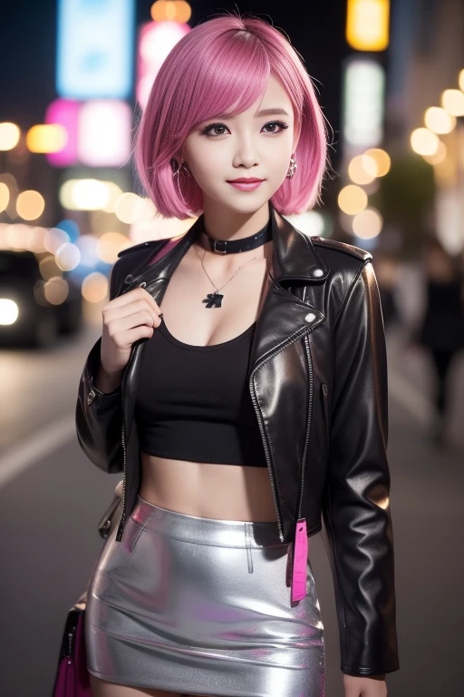 female idol、shiny lip gloss、smiling face、smoky eyeshadow、winged eyeliner、((dramatic lashes))、leather jacket、leather mini skirt、colorful short hair(neon hot pink)、conceptual art, High quality, Realistic, extremely detailed CG unified 8k wallpaper, highly detailed, High-definition raw color photos, professional photography, Cinematic Light, Beautiful detailed, Super Detail, high detail, (((Bokeh))), depth of fields, illumination, City Street, Super stylish lighting