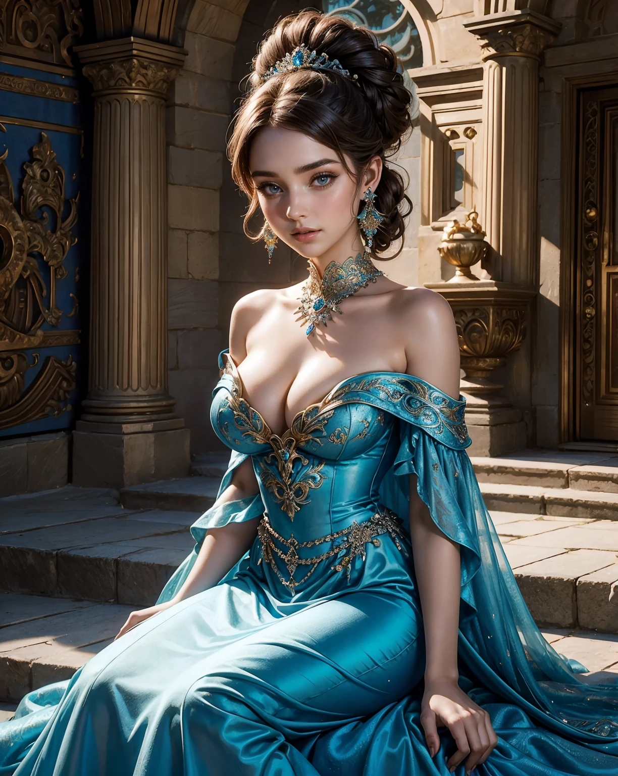 (1girl:1.3), extremely detailed,(fairytale art:1.1),(fantasy castle:1.1)(detailed background:1.3),highest detailed,(zentangle:1.2), (sexy pose), (shiny skin), ,(earrings:1.4), slim girl, indian goddess, woman in a blue mini short dress standing on a set of stairs, olivia culpo as milady de winter, disney's princess, closeup shot, ellie bamber fairy, singing at a opera house, carmelo blandino, cinderella, sexy cindrella look, sitting on a grand staircase, disney princess, fairytale style, eleanor tomlinson, emma watson wearing fancy fish, wearing a wonderful mini dress, sky - blue dressa woman in a blue shorts dress posing for the camera, sfw huge breasts, low cut dress, covered sfw huge breasts, portrait sophie mudd, enormous, opened dress, smile on face, sexy pose, black hair, tube-top dress, beautiful sexy woman photo, buxom, big breasts, beautiful woman body, ratio, red dress, sexy blue dress, wearing a blue sundress, julia hill Anime,One girl,red-eyed,blond hair,Light blue dress,1pple,solo,off-the-shoulder,Western castle in the background ( beautiful castle in background a picture of a castle in the middle of a forest, ornate palace made of green, transylvanian castle, by Ion Andreescu, ukraine. professional photo, beautiful castle, romanian heritage, by Ferenc Joachim, by Stanley Bahe, luxury castle, by Gabor Breznay, ukraine, fairy tale place, high fantasy castle, transylvania)