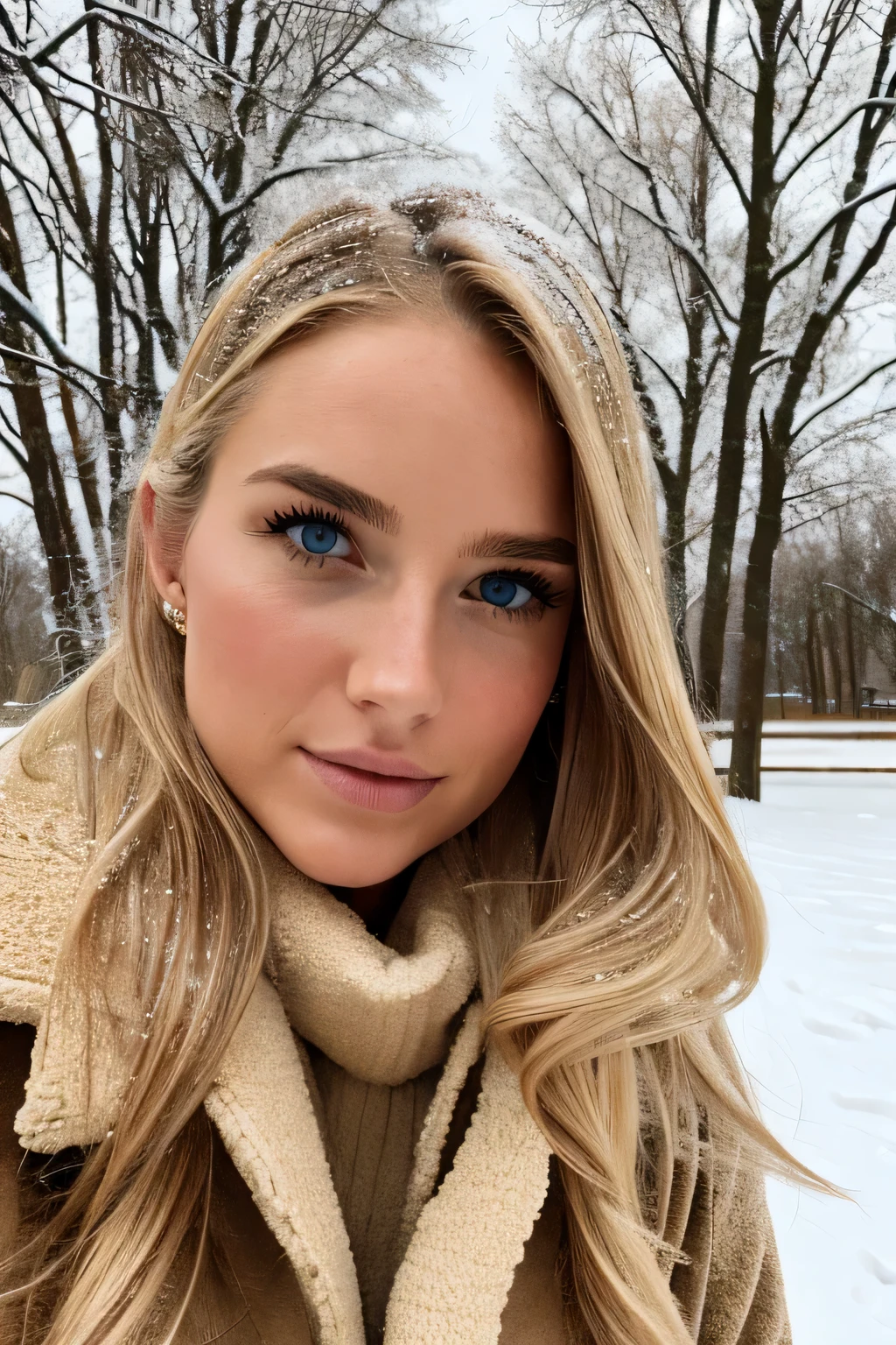 photorealistic, best quality, hyper detailed, beautiful woman with natural blonde hair, selfie photo, front view, solo, wearing winter coat, outdoors, (daytime), snowy field, falling snow, bare trees, (sexy), skin texture with perky 30G  and perfect medium bubblebutt visible under clothing, film grain, close up, ultra high res, best shadow, RAW, instagram LUT.