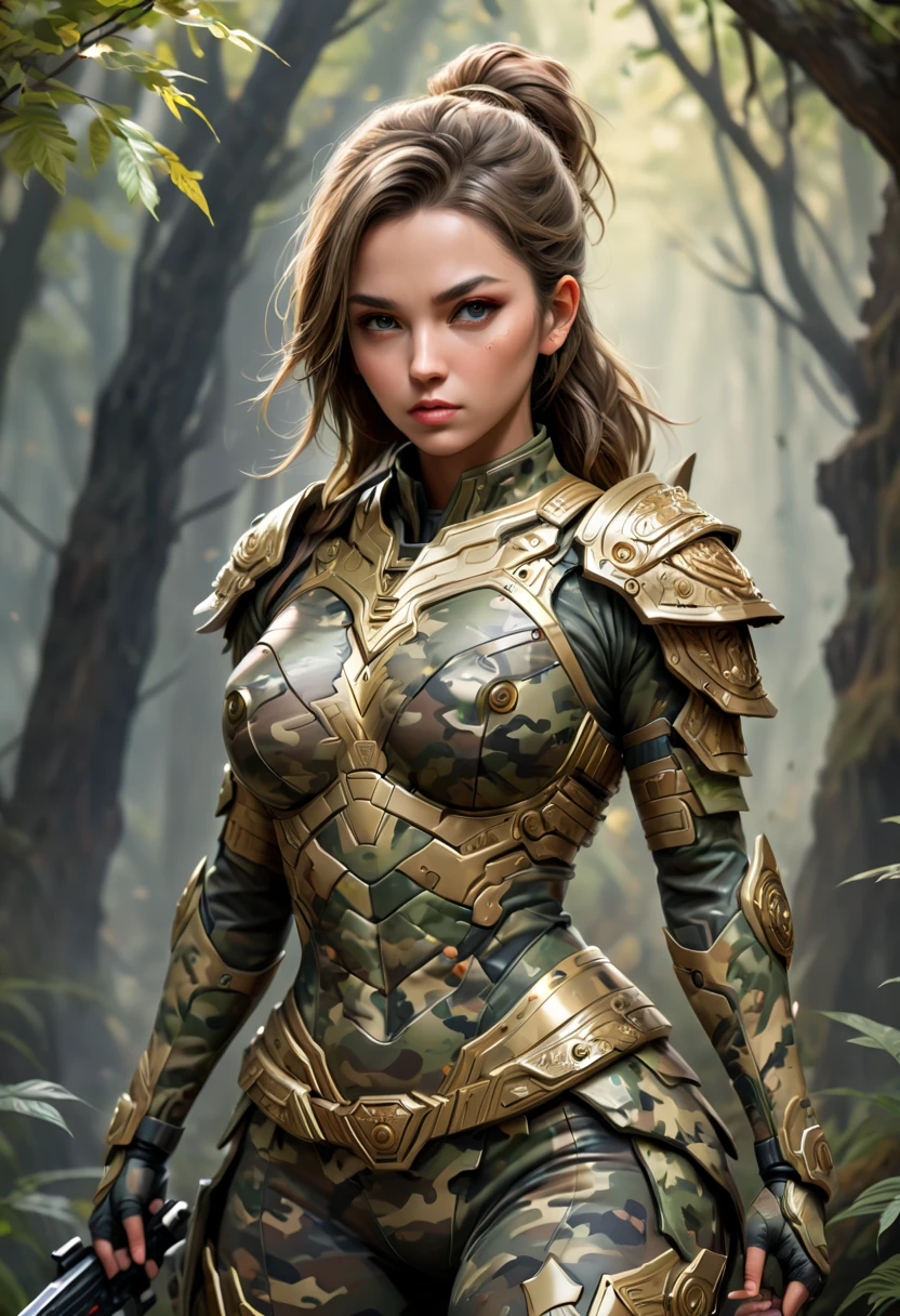 Female warrior, camouflage clothing, integrated into the environment, enhance, intricate, (best quality, masterpiece, Representative work, official art, Professional, 8k)