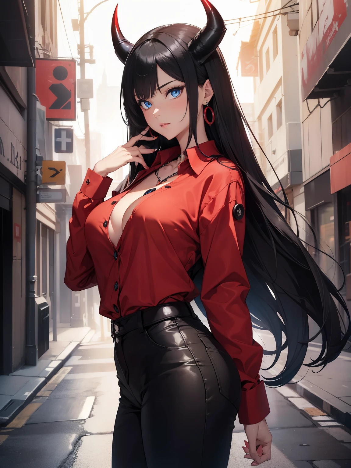 (best quality, 4k, 8k, highres, masterpiece:1.2), ultra-detailed, detailed face, detailed lips and eyes, attractive appearance, expressive face, ((anime art style)), (pixiv:1.3), BREAK Lotan beautiful caucasian woman with straight long black hair,blue eyes,fair skin,voluptuous,detailed lips and eyes,expressive face,attractive appearance,dragon horns on the head, BREAK (red theme:1.4), (tucked out and button-up oversized red collared-shirt with red shirt-hem:1.5), (long sleeves:1.2), ((collarbone, wrist):1.3), BREAK (black theme:1.2), (black tight long-pants:1.2), (ankle:1.3), (high heels:1.2), ((necklace, earrings):1.2) BREAK ((1girl)), (black horns), cleavage, dynamic angle, dynamic pose, looking at viewer, BREAK detailed, perfect fingers, perfect hands, detailed perfect face, intense blushing, tall female, smirk, beautiful detailed glowing deep blue eyes, arrogant caring slightly shy and slutty expression, (solo:1.2),