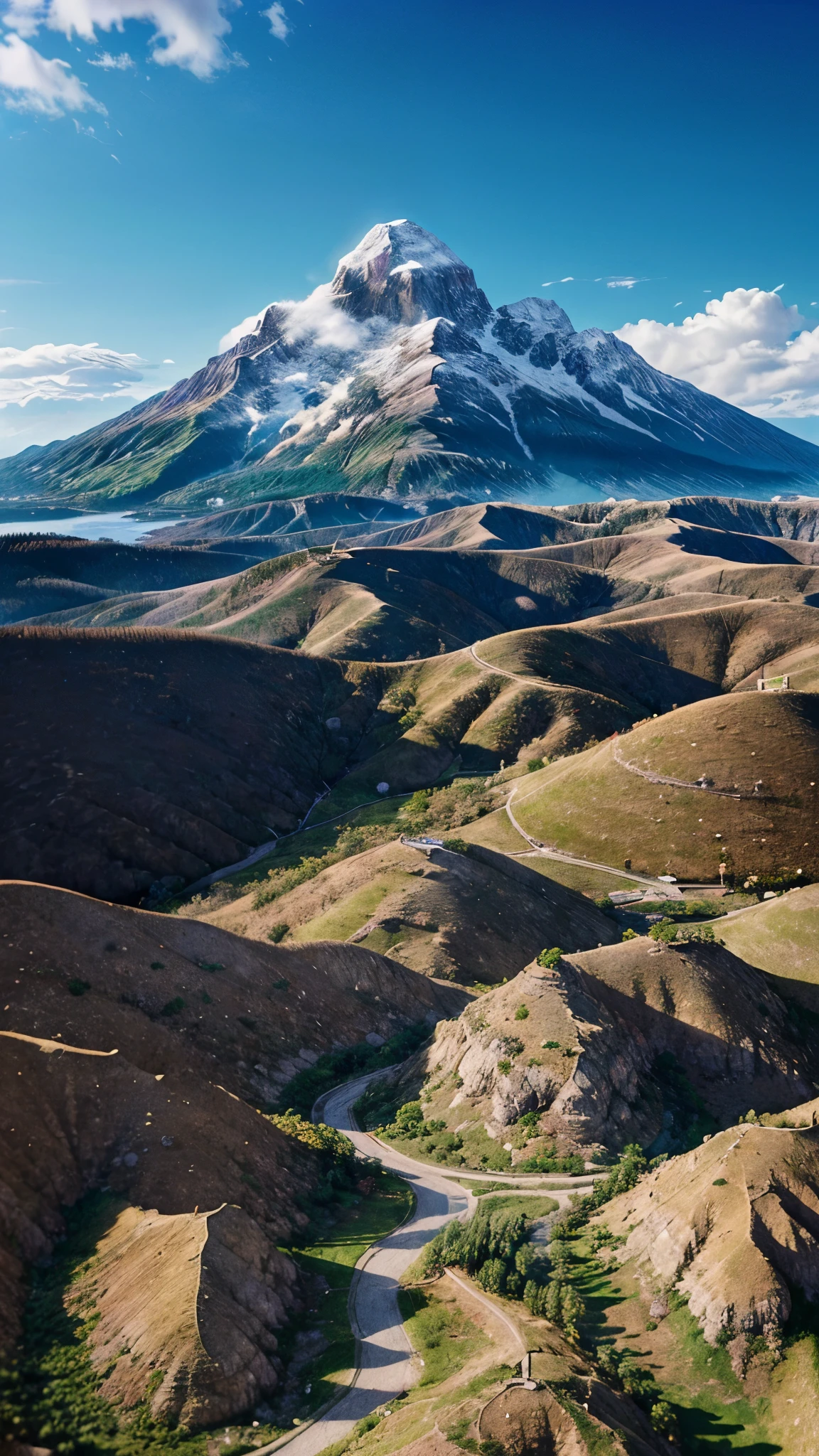 there is a painting of a mountain with a house in the foreground, anime landscape, anime scenery, beautiful anime scenery, anime countryside landscape, beautiful anime scene, detailed scenery —width 672, anime scenery concept art, anime scene, anime landscape wallpaper, makoto shinkai. —h 2160, anime nature, anime background art, anime movie background