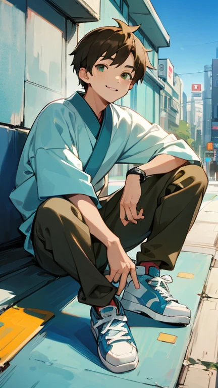 masterpiece, 最high quality, high quality, man 1、30 years old,alone, male focus, Cheerful smile, athletic body、tall、short stylish hairstyle、brown hair, deep green eyes, White Techware、stylish sneakers、doing skateboarding、Sunny blue sky、Modern Japanese cityscape