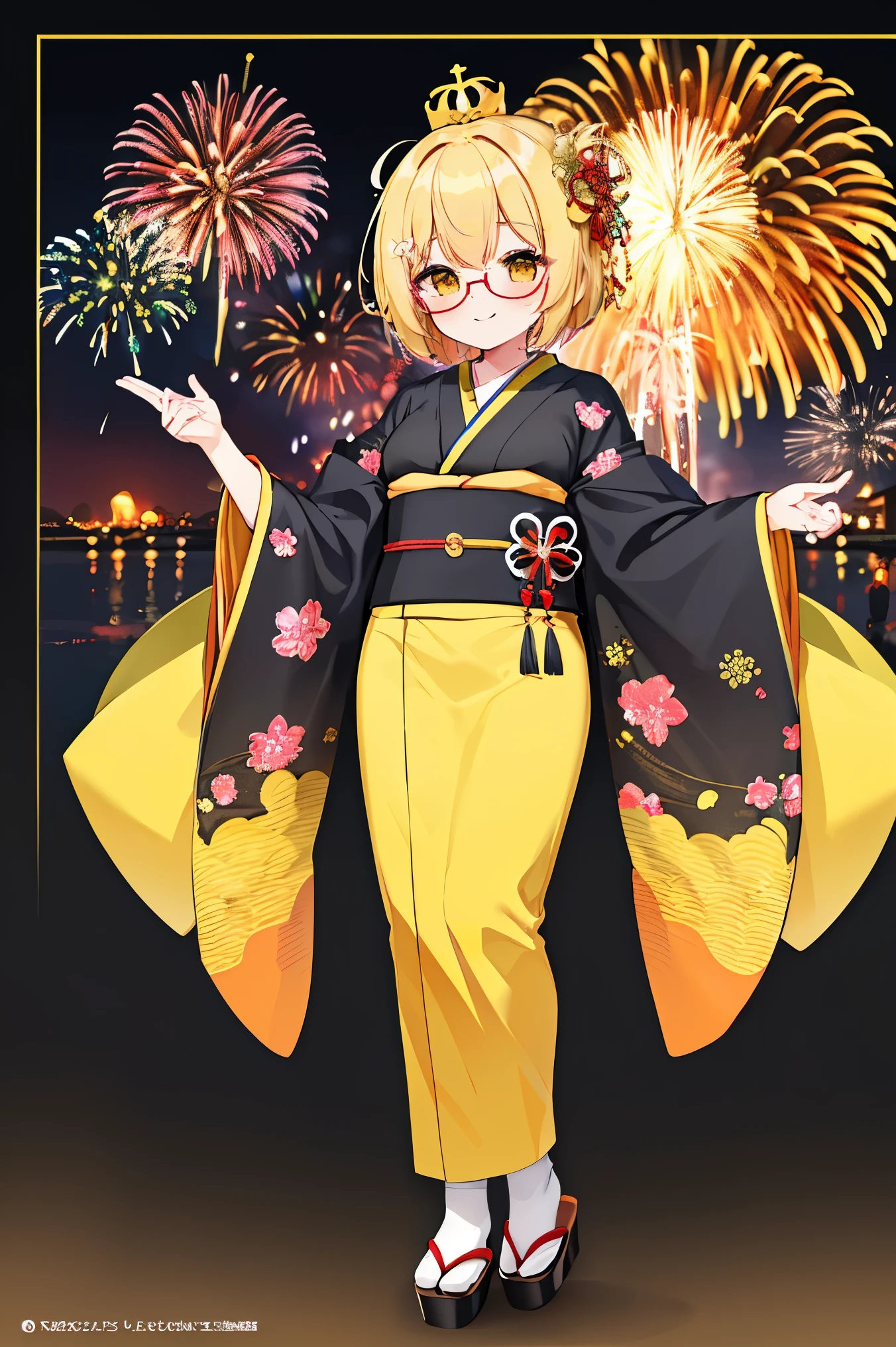 "anime girl, 1 person, bright blonde hair, yellow eyes, glasses, crown on head, female kimono, yellow kimono with black trim with intricate patterns, big breasts, long stockings, standing cross-legged, angle  view from different directions, solo, chibi,full body,smiled gently, blushing, festival, night, New Year's Eve fireworks, watching fireworks (full HD 4K+ image)"