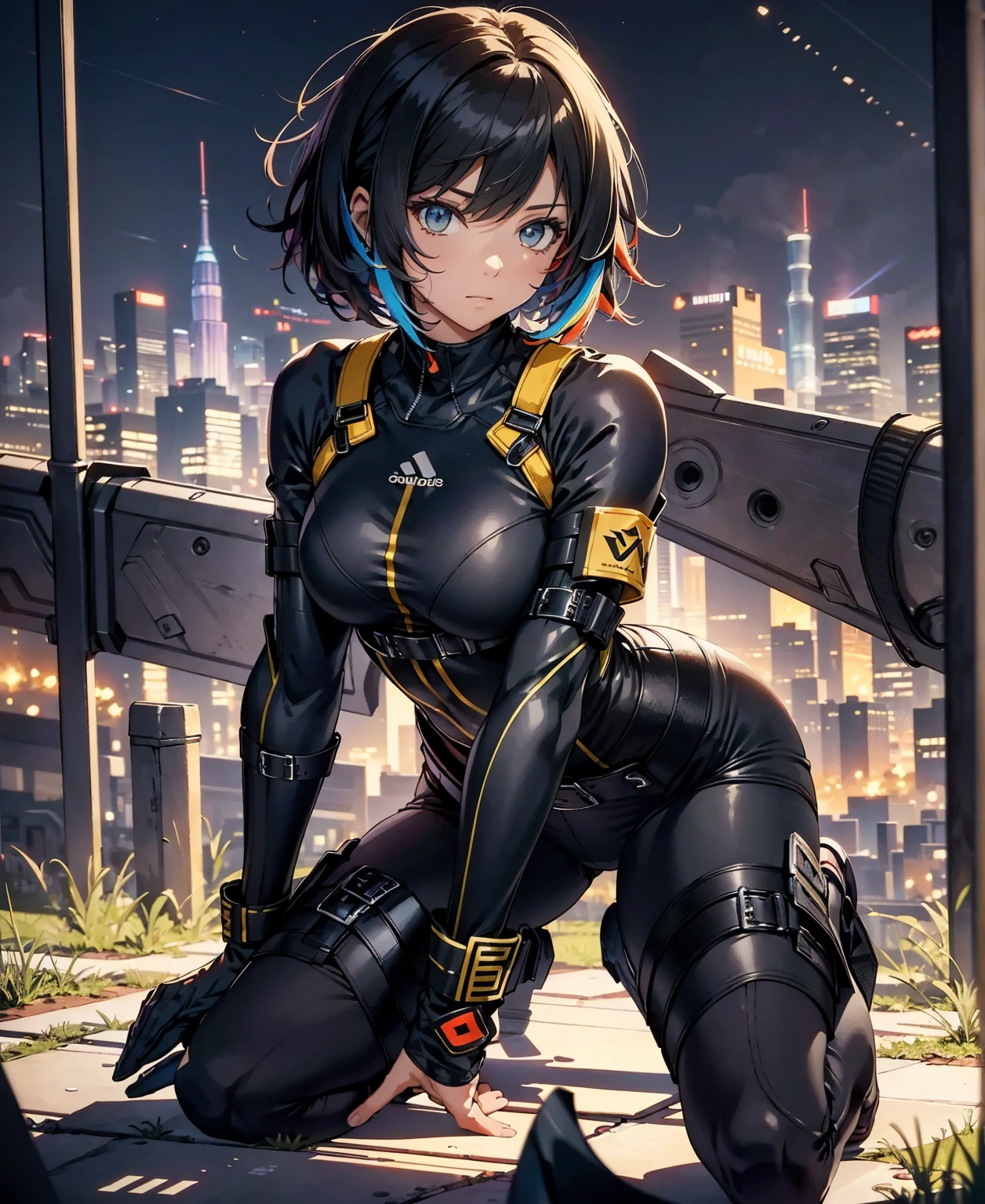 best quality,T Masterpiece,ultimate resolution,fluff,very colorful,colorful,female combatant,(kneeling pose)(pointing at you with his butt)mature woman,Black Super Short Hair,tight combat uniform,tight suit,Steel City Background,night,normal posture,normal posture
