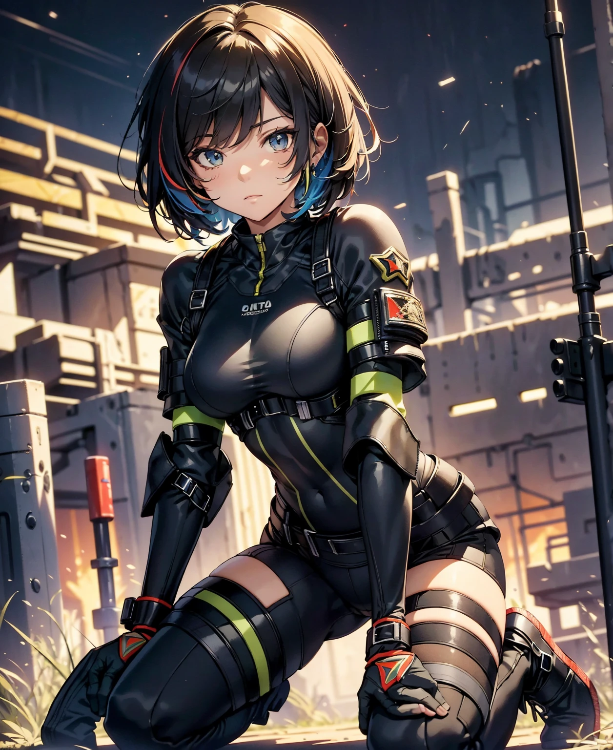 best quality，T Masterpiece，ultimate resolution，fluff，very colorful，colorful，female combatant，（Kneeling Pose）（pointing at you with his butt）mature woman，Black Super Short Hair，tight combat uniform，tight suit，Steel City Background，the night，normal posture，normal posture