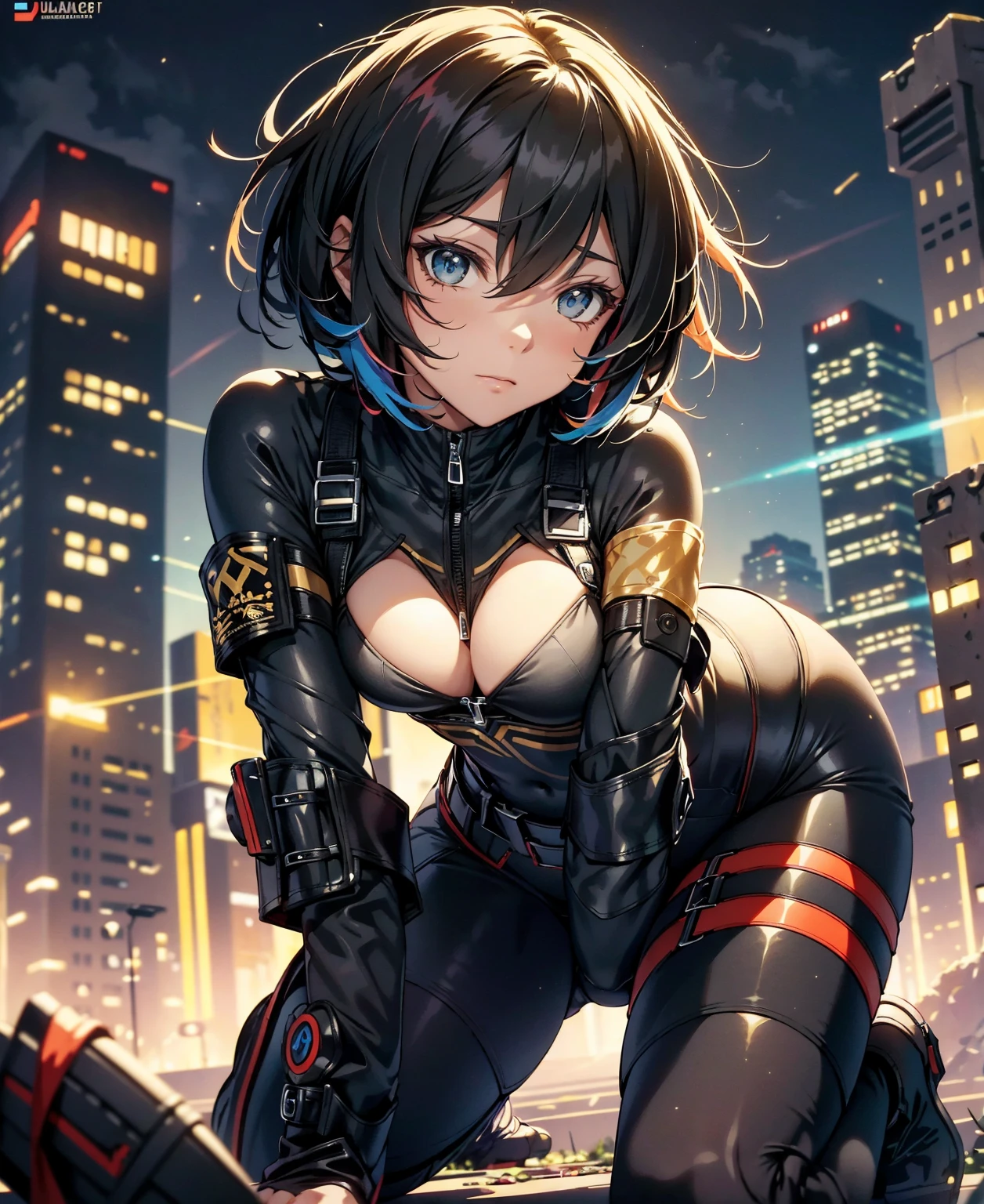 best quality,T Masterpiece,ultimate resolution,fluff,very colorful,colorful,female combatant,(Kneeling Pose)(pointing at you with his butt)mature woman,Black Super Short Hair,tight combat uniform,tight suit,Steel City Background,the night,normal posture,normal posture
