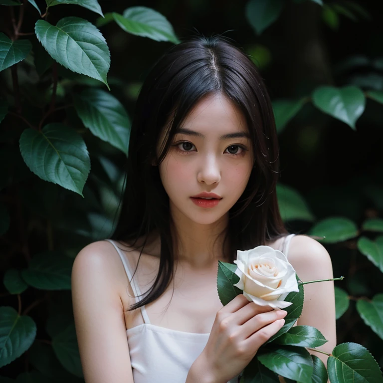 1 girl,between leaves,White Rose,gentle