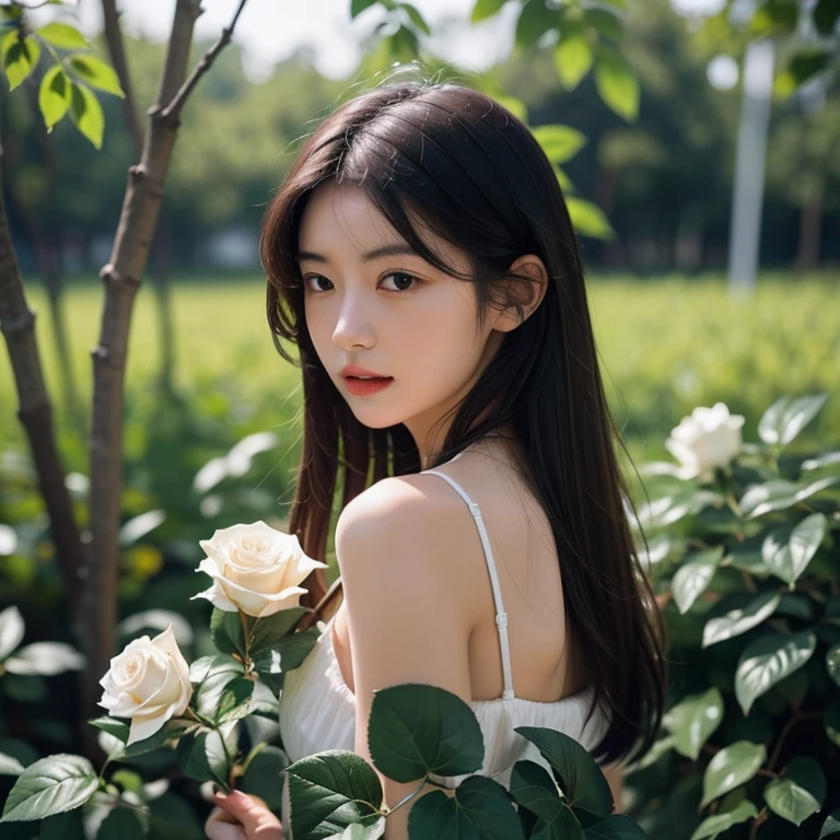 1 girl,between leaves,White Rose,gentle
