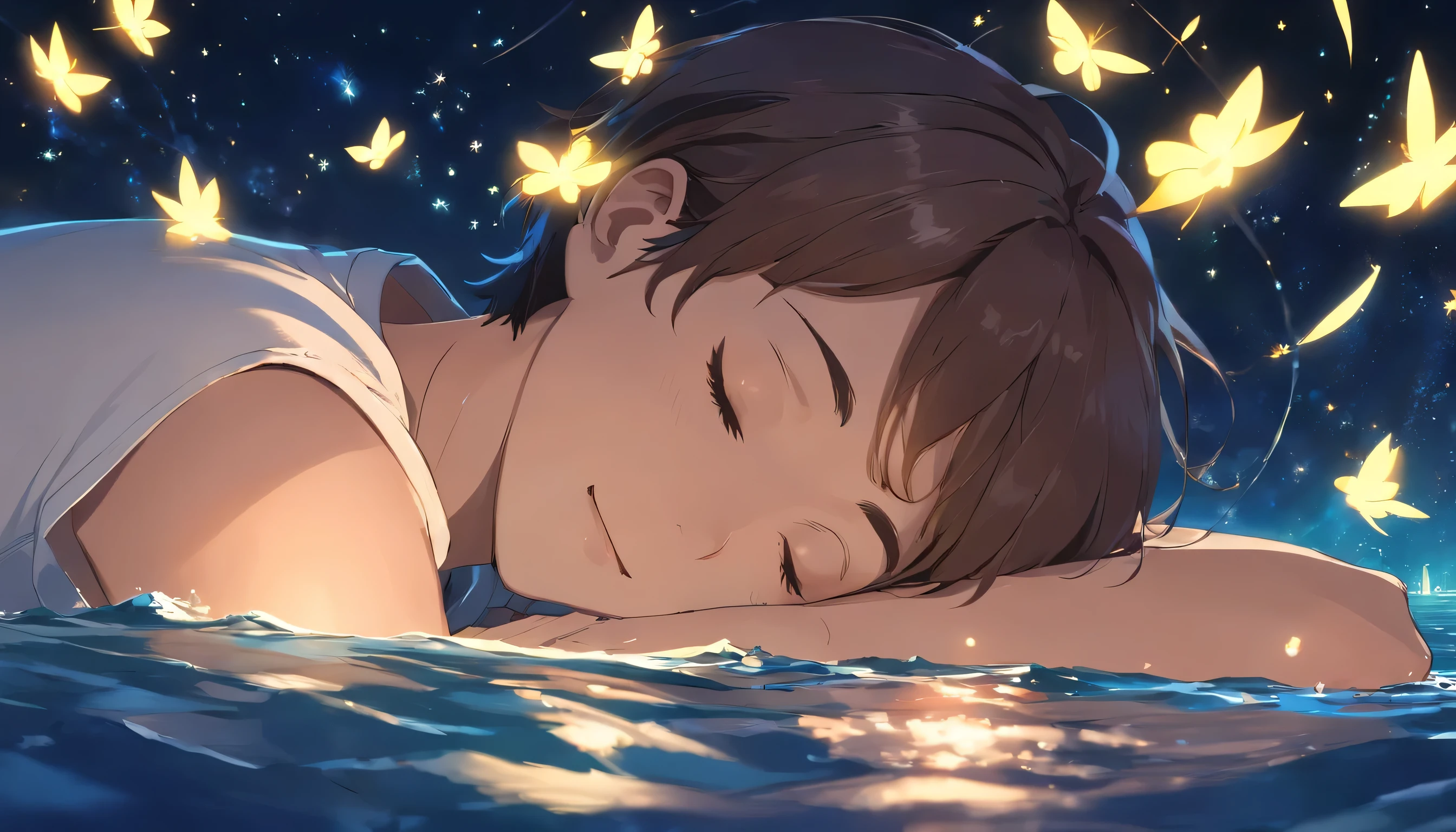 Sleeping on the water, Handsome man in white T-shirt, Eyes closed, Short-haired, Smiling, night, shooting stars, fireflies