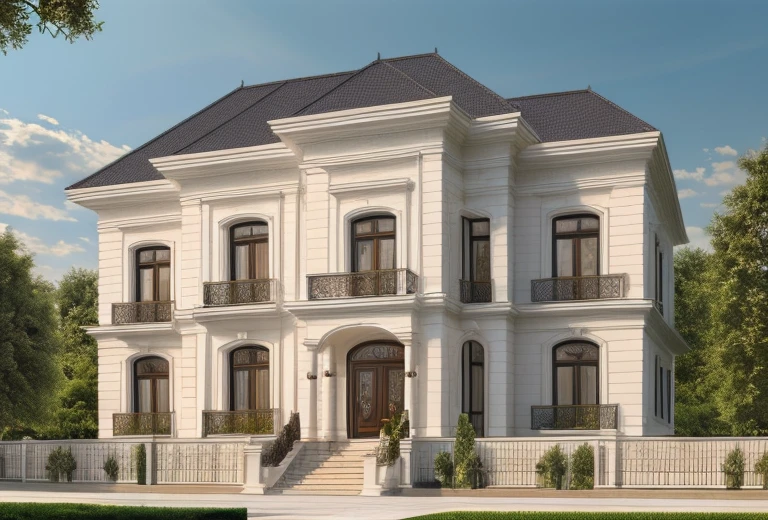 Garden villa, with swimming pool, garden in neoclassical styleClassical style, masterpiece, surreal, rendered by Vray 2023, Vantage, rendered 8k, 16k, ultra HD, iron patterned railings, doors and Wooden windows, Natural light, cloudy, daylight, fence around the house, 8K
