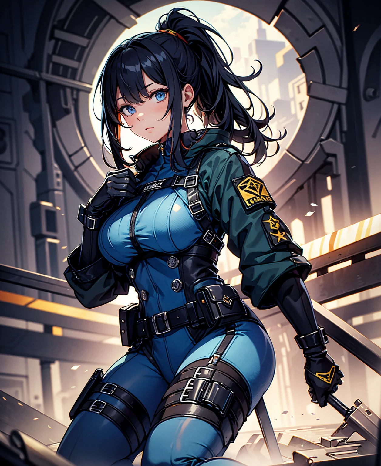 highest quality,T Masterpiece,final solution,Fluffy,非常にcolorful,colorful,female combatant,(kneeling pose)(pointing at your ass)mature woman,dark blue high knot ponytail、tight combat uniform,tight suit,steel city background,night,normal posture,normal posture