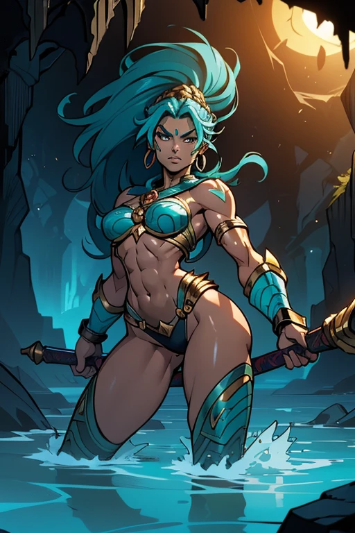 ((NO CLOTHEs)), very angry, strong, supernaturally (beautiful and enchanting Atlantean Barbarian Goddess of War with a, topless armor), and screaming in fury. She is swimming in shallow waves in a dark underground sea cave, lit only by the oceanic bioluminescence that bathes her perfect, irresistible body. Minimalist golden anime style female battle armor and shiny magic. His tanned skin shines with scales. She is athletic, slim, fit, toned, thin and very muscular with a small waist and slender hips. Defined abdominals. She has deeply tanned skin and flowing, shiny hair. Her large, vibrant, bright Asian turquoise eyes stare intensely at the viewer with a predatory, otherworldly fascination. She has intricate aquatic-inspired tattoos all over her body. His face has designs painted on it. Rolling deep shadows.