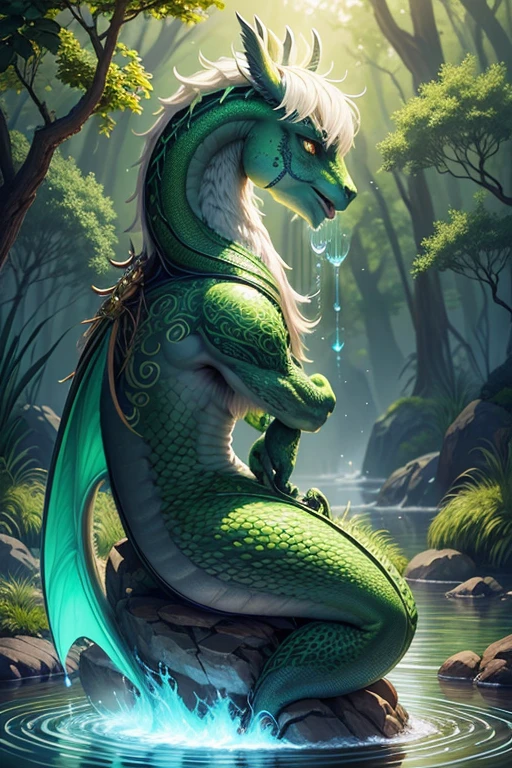 Generates a realistic spiritual illustration with a green dragon motif, Incorporation of energy elements, aura, Onda, particles, and harmony. Incluye elementos naturales como escalas, llamas, and water to enhance the mystical experience.