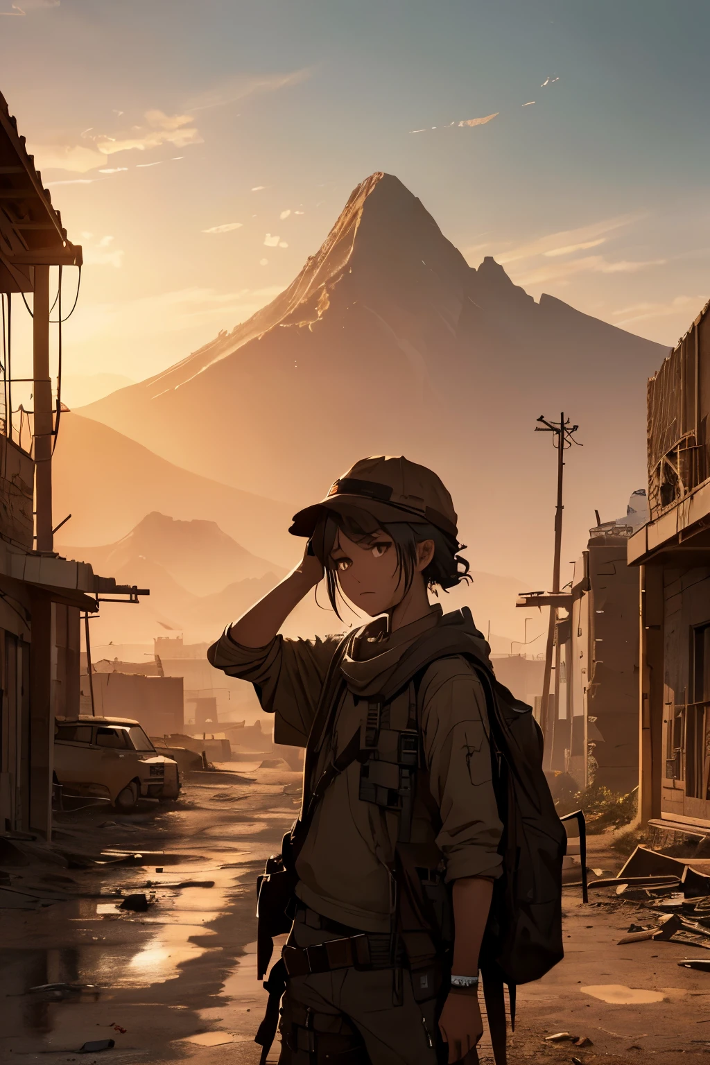 masterpiece, top quality, 16K UHD,
post-apocalyptic, desert town,
gritty, survival anime style,
mechanical beasts, traders,
sun-kissed ruins, cracked earth,
dust clouded air, parched trees,
scorching sun, worn out buildings,
harsh winds, desperate faces,
solo, cracked leather clothes,
worn goggles, weathered hats,
scarred skin, calloused hands,
sunset, deep orange, burning red,
sky turned to ash, cracked horizon,
distant mountain range, emaciated figures,
scavenging for resources,