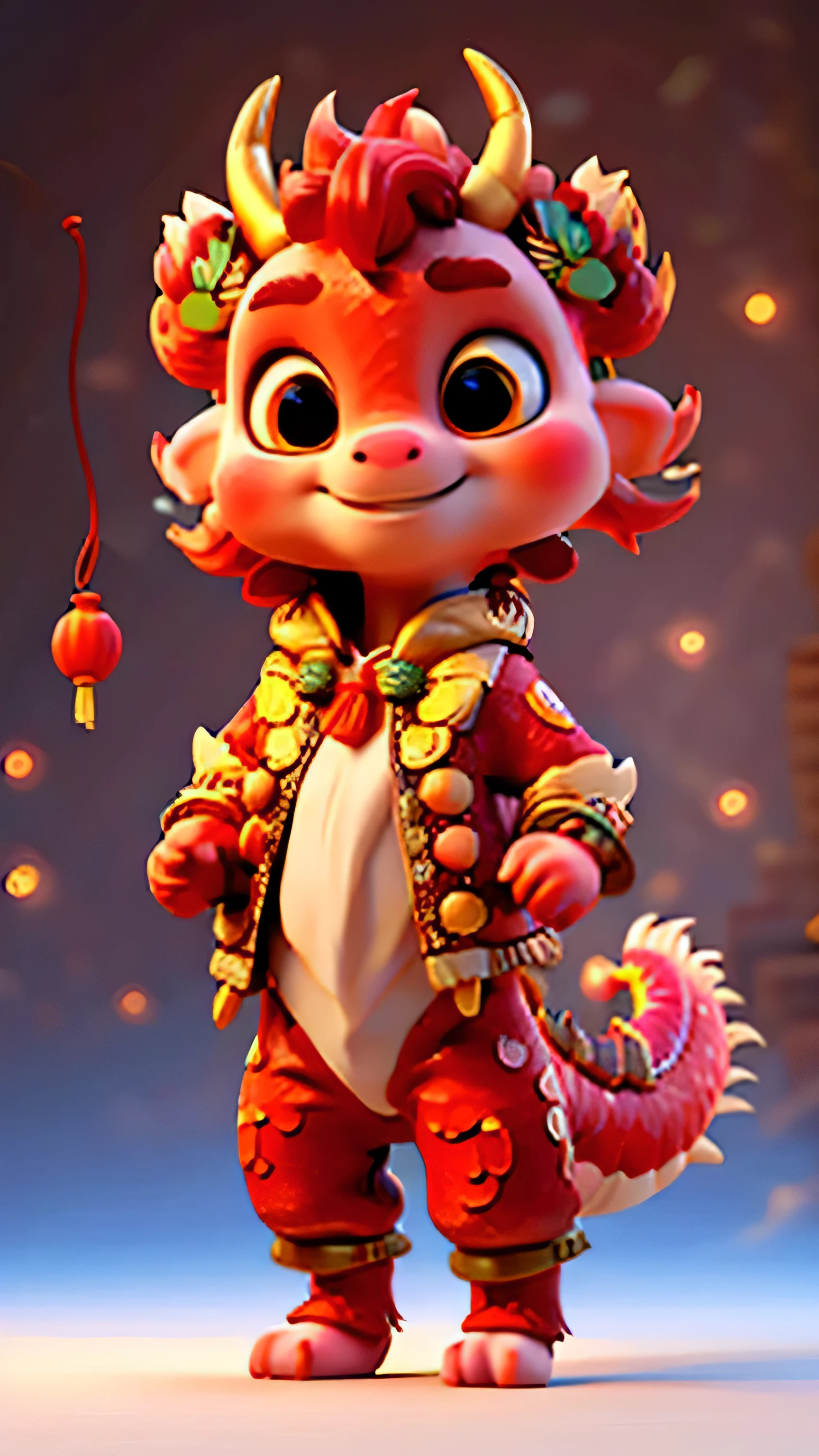 Chinese cute ***********, Hand holding a bunch of candied haws，Front bust close-up，Various styles of braids，Red head rope，Very sweet and lovely，Wearing a traditional Chinese red patterned cotton-padded jacket，wealth and elegance，Welcome the Year of the Dragon，more details，night fireworks background，street Lights flashing，Lanterns hang high，Light，Real shot，Nikon Z8 shot，Face detail optimization， c4d rendering，