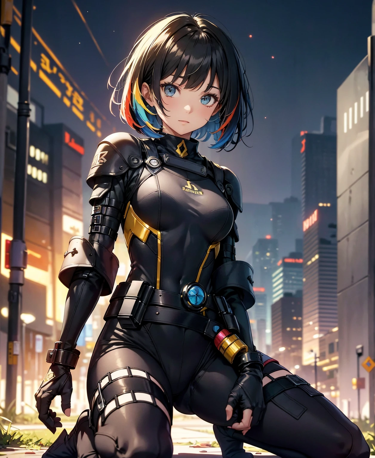 best quality，T Masterpiece，ultimate resolution，fluff，very colorful，colorful，female combatant，（Kneeling Pose）（pointing at you with his butt）mature woman，Black Super Short Hair，tight combat uniform，tight suit，Steel City Background，the night，normal posture，normal posture