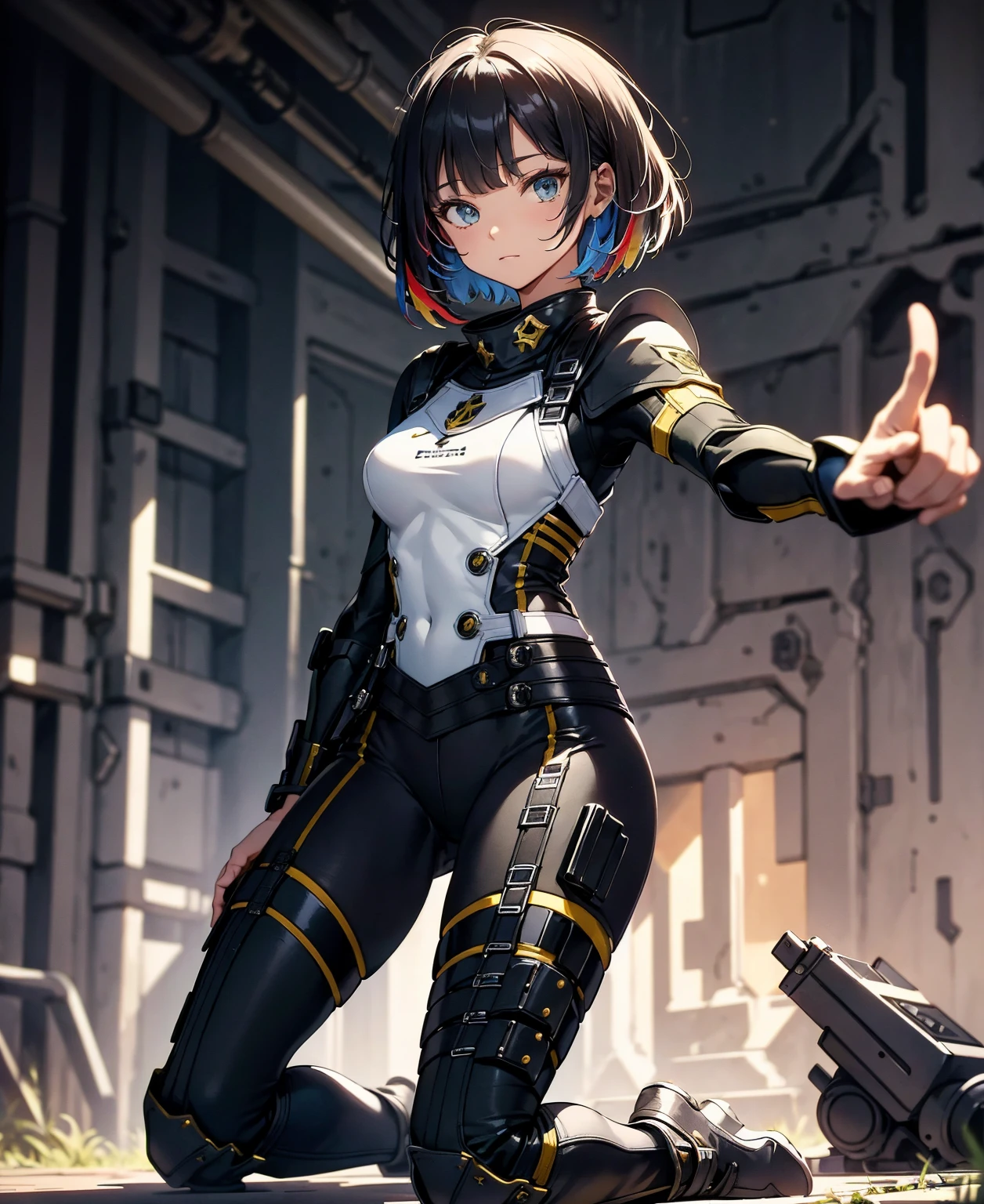 best quality，T Masterpiece，ultimate resolution，fluff，very colorful，colorful，female combatant，（Kneeling Pose）（pointing at you with his butt）mature woman，Black Super Short Hair，tight combat uniform，tight suit，Steel City Background，the night，normal posture，normal posture