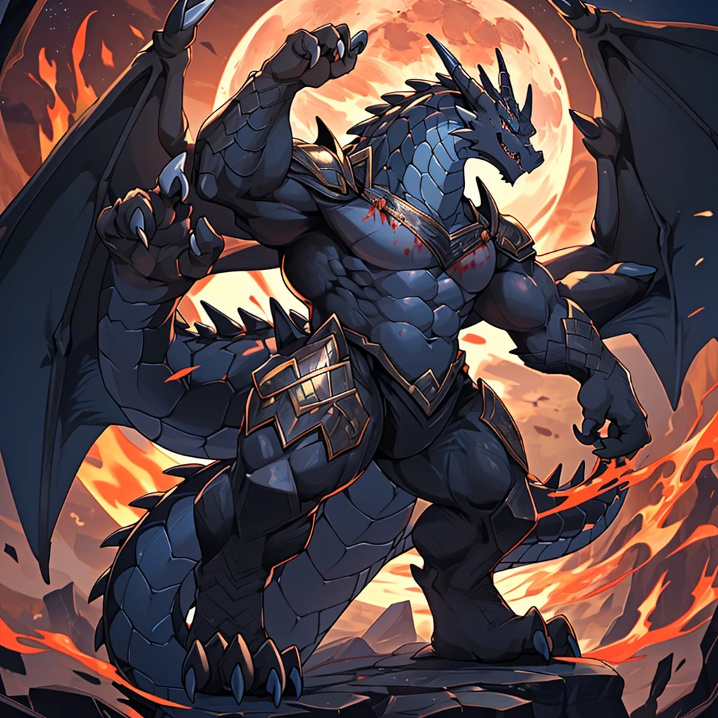 (The violent and powerful Black Dragon King,Wearing modern black and gold armor:100),(Broad dragon body,majestic wingspan,Sharp dragon claws,thick dragon tail,The huge black dragon king,Huge dragon claws:2),Strong build,(blue dragon flame:2),blood moon,Mounts,full body picture,Very detailed,4K HD