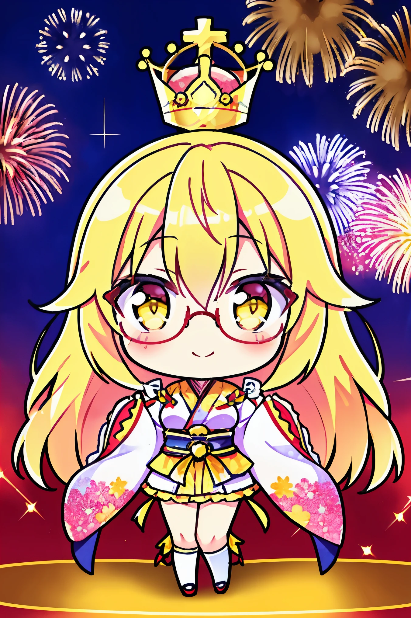 "anime girl, 1 person, bright blonde hair, yellow eyes, glasses, crown on head, female kimono, yellow kimono with black trim with intricate patterns, big breasts, long stockings, standing cross-legged, angle view from different directions, solo, chibi,full body,smiled gently, blushing, festival, night, New Year's Eve fireworks, watching fireworks (full HD 4K+ image)"