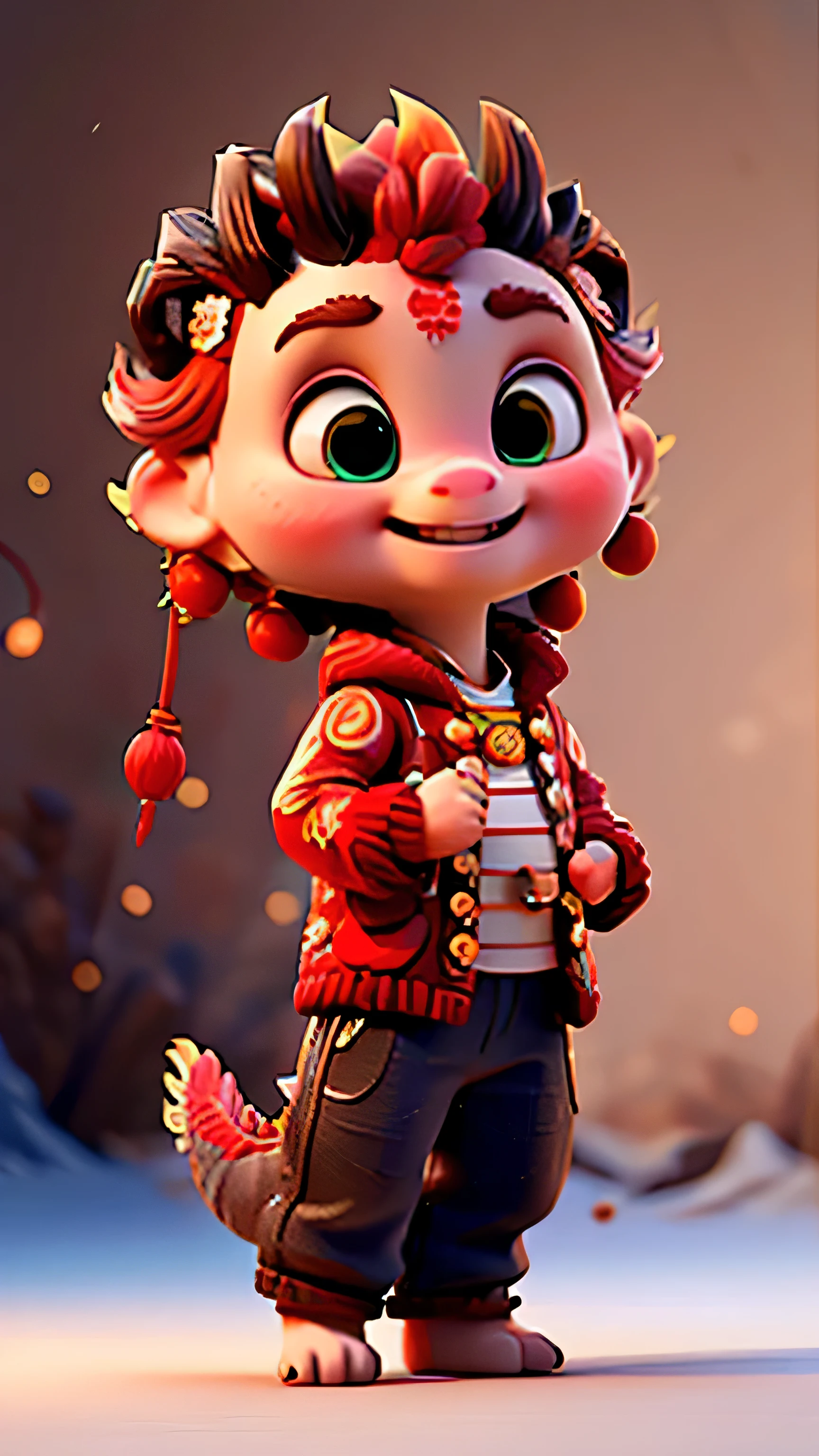 Chinese cute ***********, Hand holding a bunch of candied haws，Front bust close-up，Various styles of braids，Red head rope，Very sweet and lovely，Wearing a traditional Chinese red patterned cotton-padded jacket，wealth and elegance，Welcome the Year of the Dragon，more details，night fireworks background，street Lights flashing，Lanterns hang high，Light，Real shot，Nikon Z8 shot，Face detail optimization， c4d rendering，