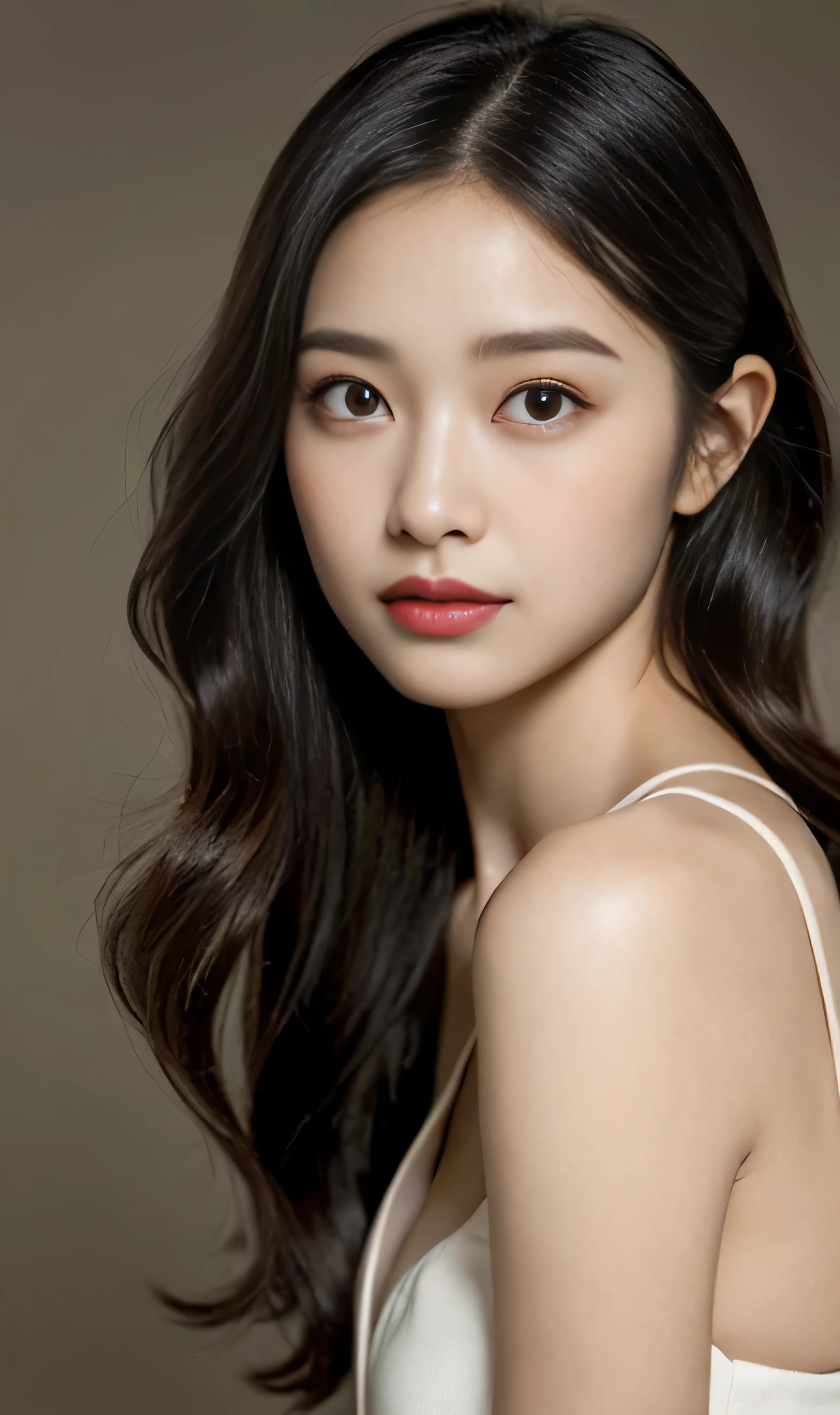 The image depicts a young woman with a serene and contemplative expression. She has a fair complexion with a soft glow and is adorned with striking makeup that accentuates her full lips and almond-shaped eyes. Her eyes are a deep, captivating hue that draws focus. Her dark hair is styled in loose, elegant waves that frame her face, enhancing her delicate features.