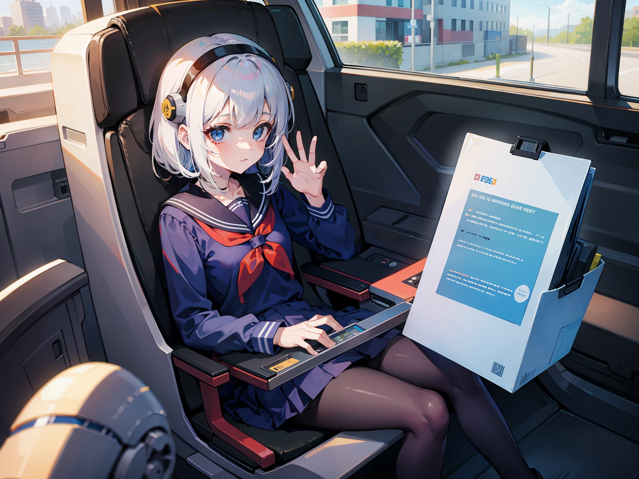 1 school girl sitting in robot