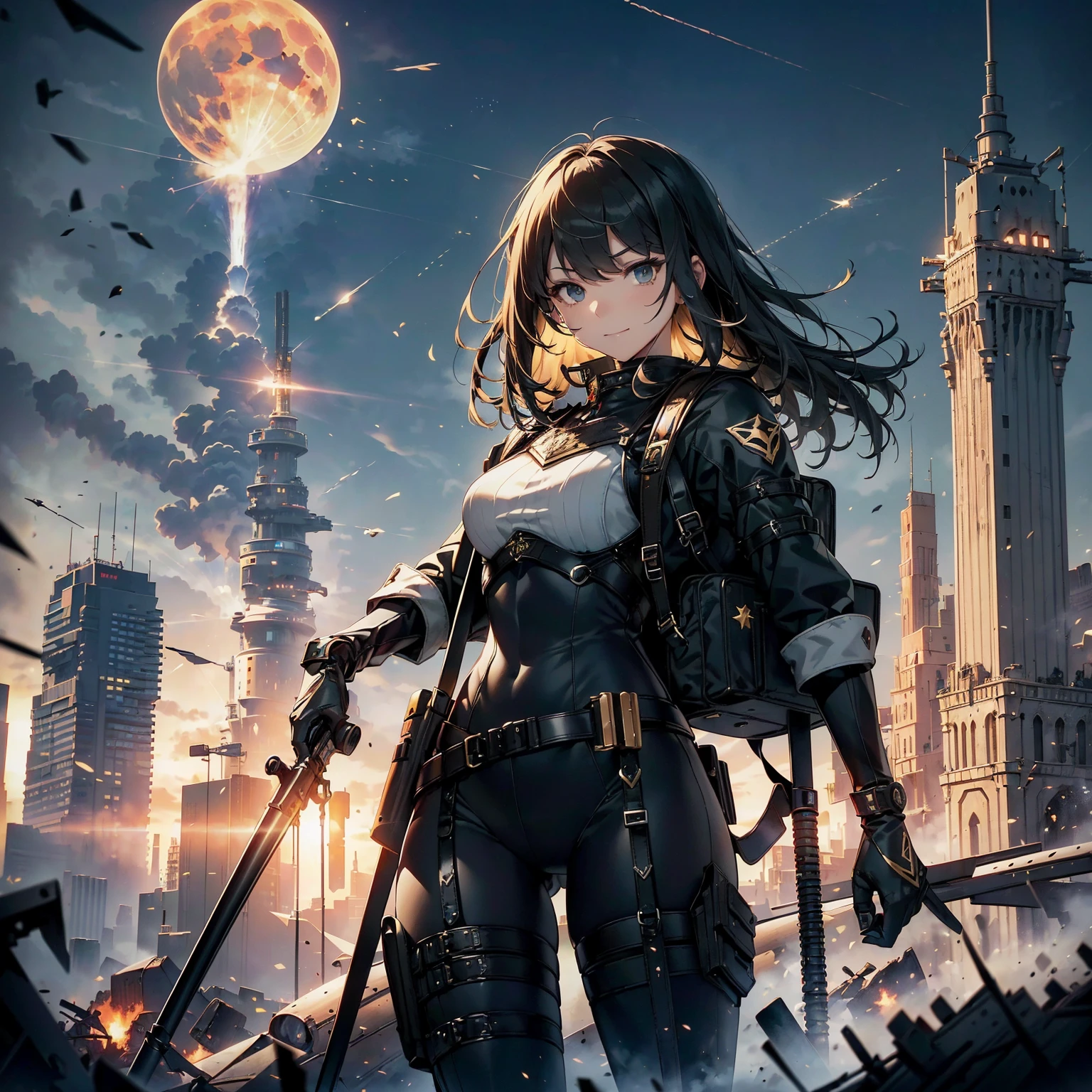 (highest quality,T Masterpiece,final solution,whole body):(24 year old female fighter,Slender、small face、Black Super Short Hair、Shiny black tight combat uniform,tight suit,dynamic angle、dynamic action、(dynamic pose:1.2)、normal posture,normal posture、Gentle smile、Backpack)、(Time Machine、Computer、skyscraper gun、weapons of the future、(Backpack:1.1)、Real World、Plankton rattle field、volumetric fog、gray fog、cigarette、 explosion、apocalyptic、destroyed city background、burning building:1.3、splash of water、starry ski、huge moon、Earth、destroyed giant robot、radio tower、airplane flying overhead、shooting star rocket truck、broken car、derailed train、tank、giant weapon、electronic equipment、Luminous mechanism)