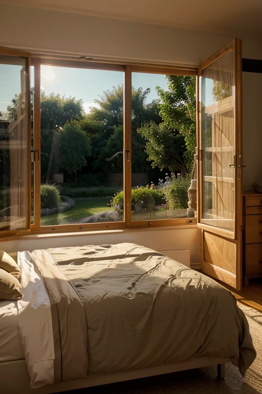 fresh breeze enters a pleasant bedroom through the window in the evening