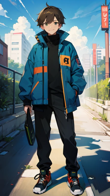 masterpiece, 最high quality, high quality, man 1、30 years old,alone, male focus, Cheerful smile, athletic body、tall、short stylish hairstyle、brown hair, deep green eyes, Future-oriented techwear、stylish sneakers、doing skateboarding、Sunny blue sky、Modern Japanese cityscape