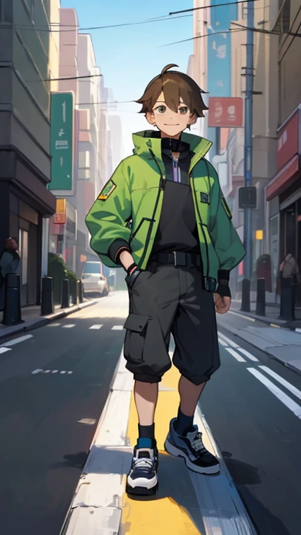 masterpiece, 最high quality, high quality, man 1、30 years old,alone, male focus, Cheerful smile, athletic body、tall、short stylish hairstyle、brown hair, deep green eyes, Future-oriented techwear、stylish sneakers、doing skateboarding、Sunny blue sky、Modern Japanese cityscape